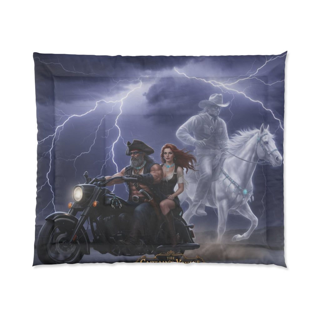 Captain's Voyage Motorcycle Rider Comforter with Ghostly Cowboy & Lightning Scene