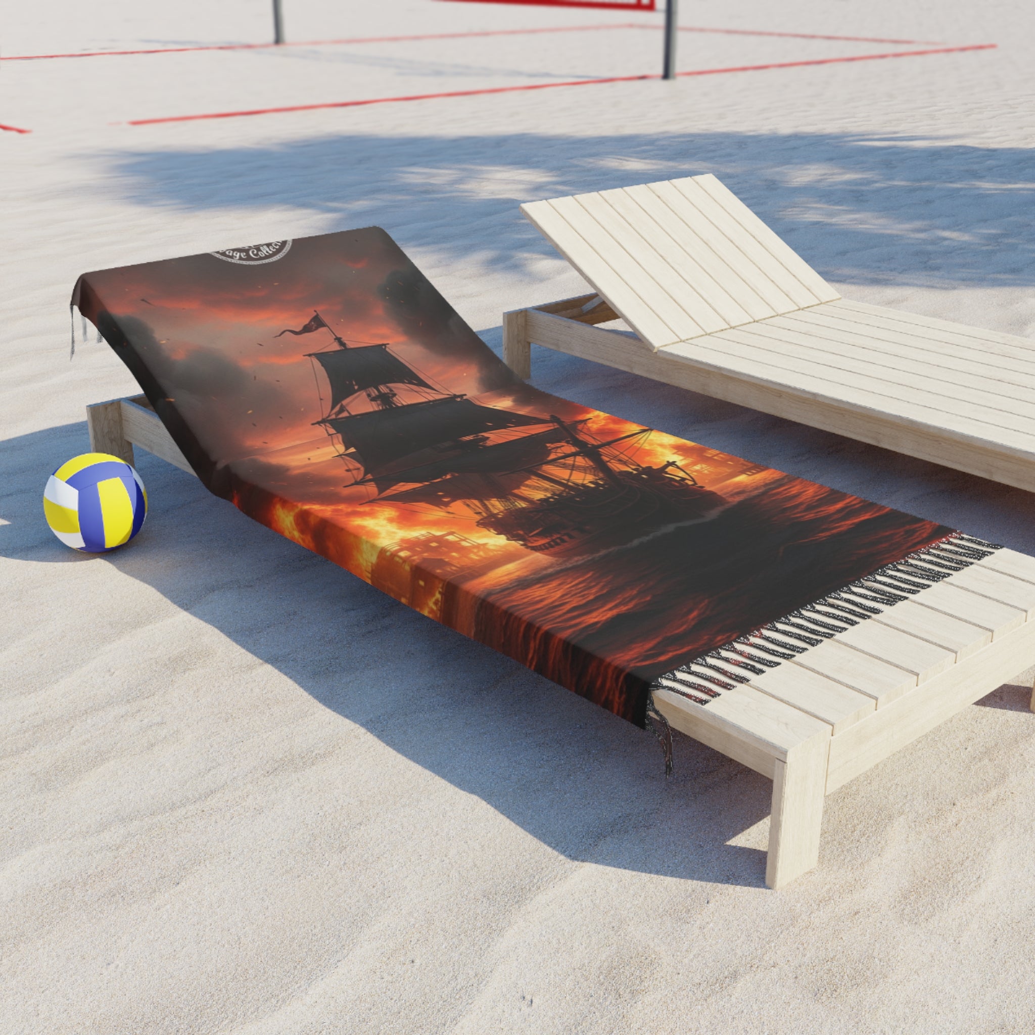 Pirate Ship Beach Towel — Flaming Sunset Shipwreck Scene