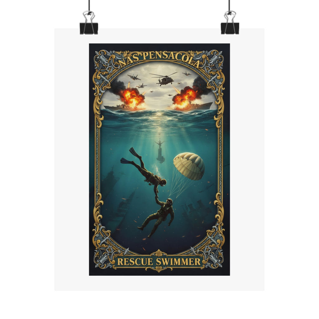 Rescue Swimmer Matte Vertical Poster — NAS Pensacola Military Aviation & Sea Rescue Art
