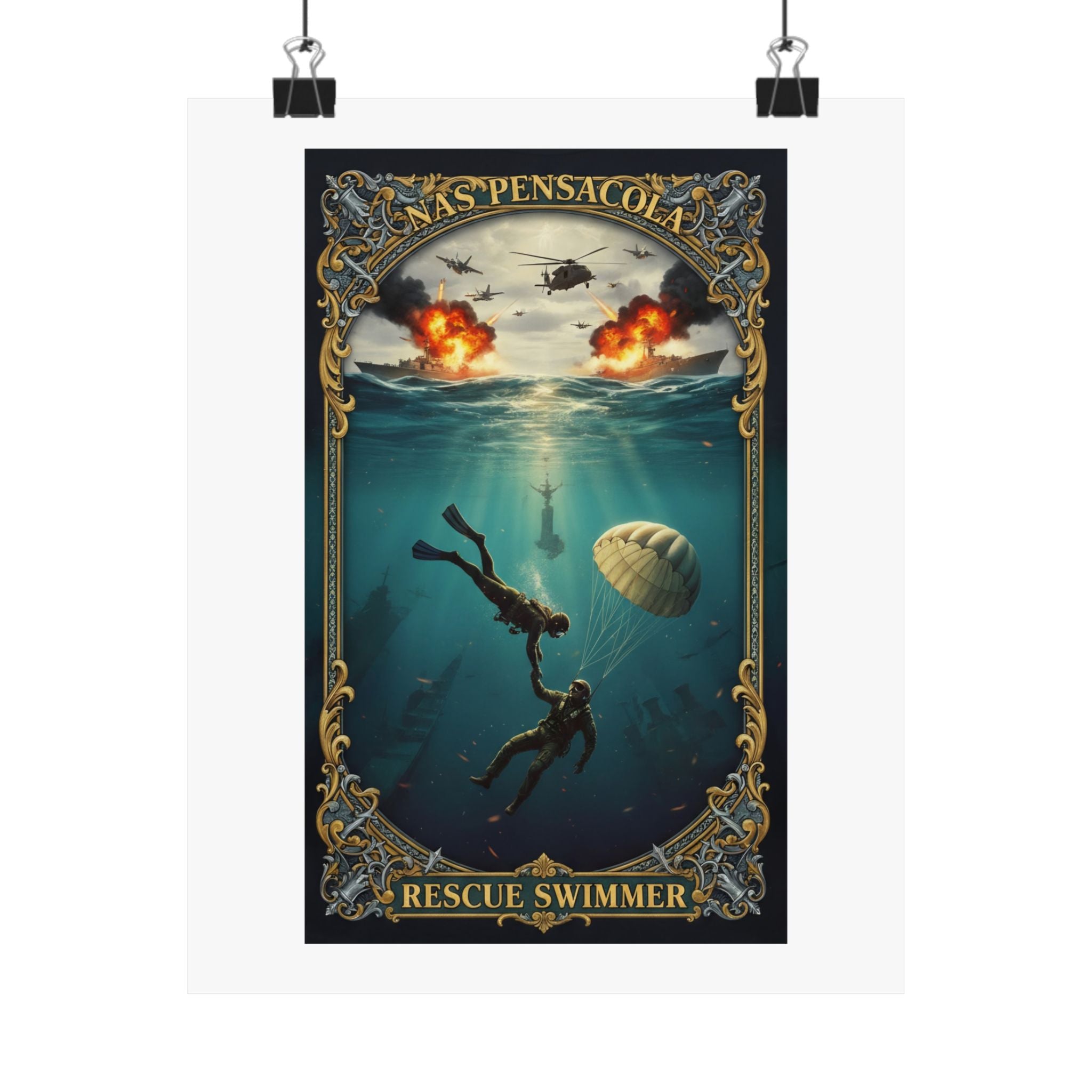 Rescue Swimmer Matte Vertical Poster — NAS Pensacola Military Aviation & Sea Rescue Art
