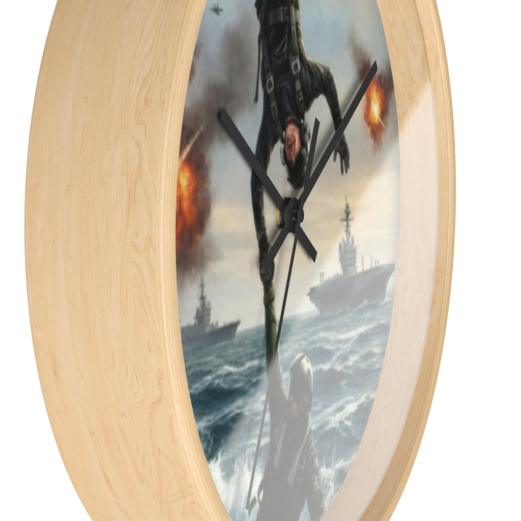 Military Rescue Wall Clock — Navy Helicopter & Sailor Action Scene