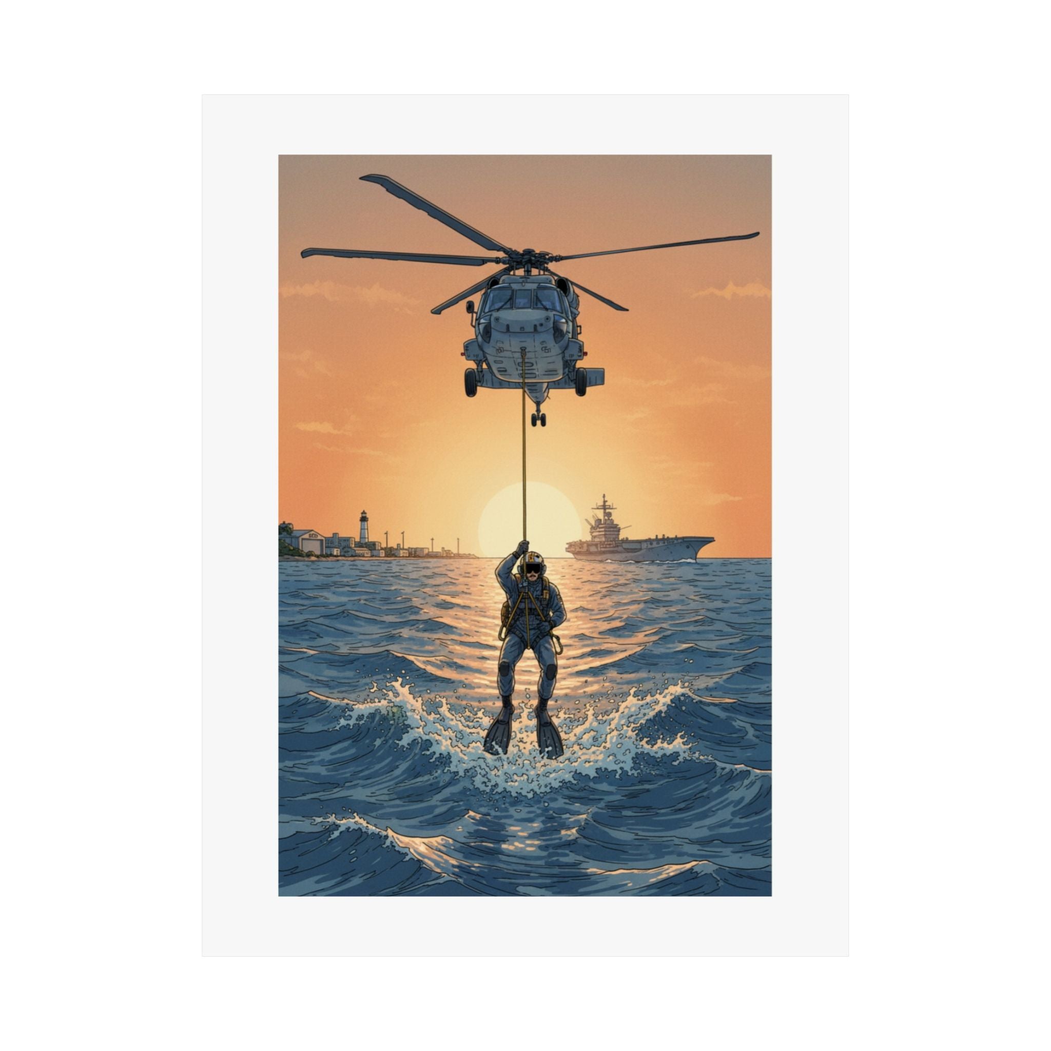 Matte Poster — Navy Rescue Helicopter at Sunset (Vertical)