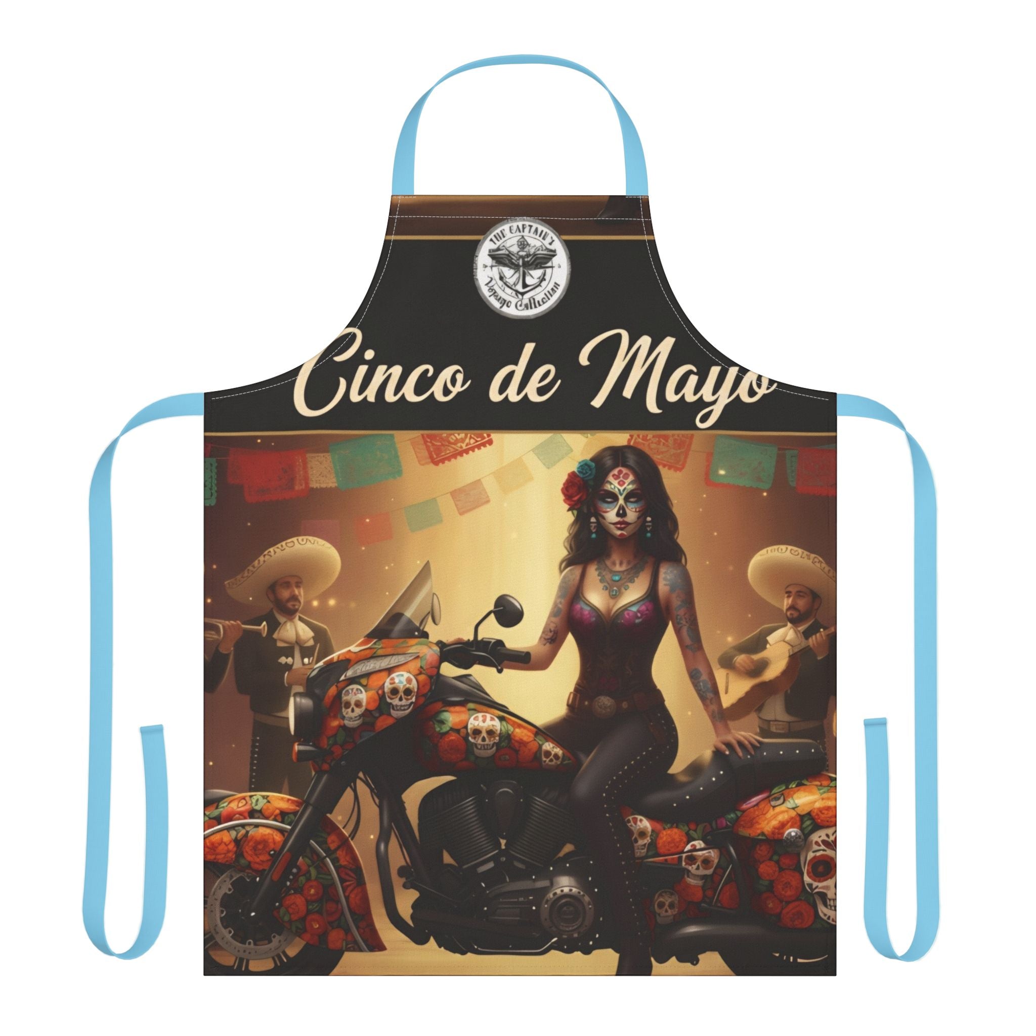 Cinco de Mayo Sugar Skull Biker Apron — Day of the Dead Motorcycle Cooking Apron