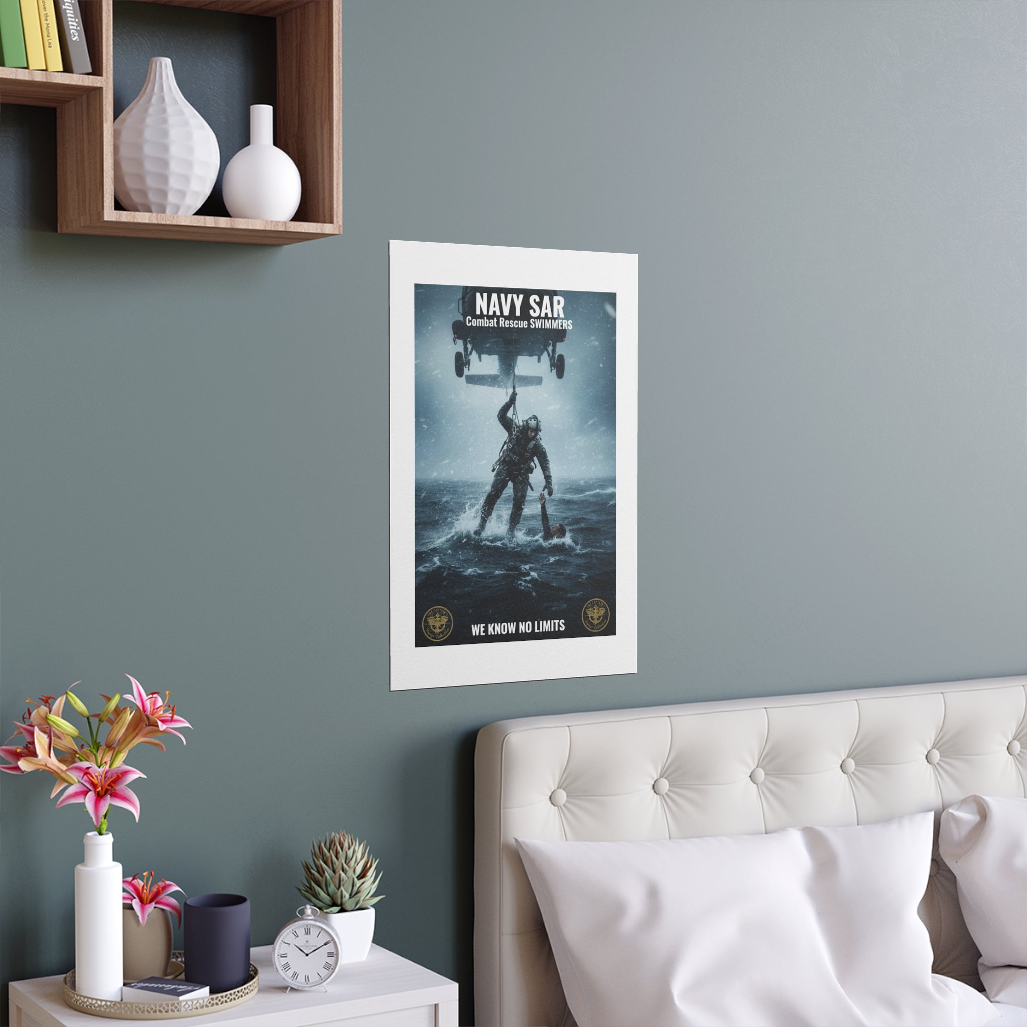 Rescue Diver Silk Poster – Dramatic Sea & Helicopter Wall Art (Indoor/Outdoor)