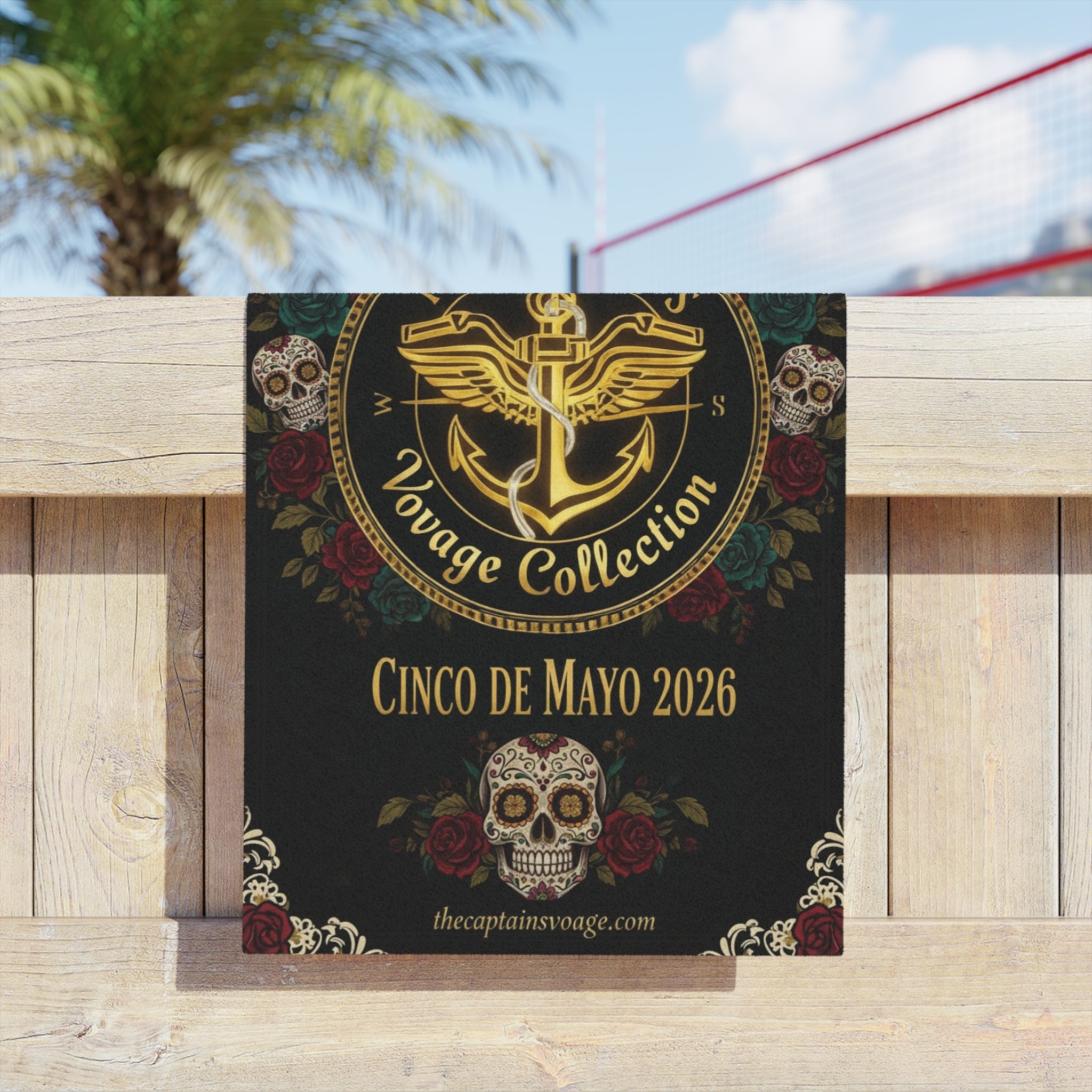 Cinco de Mayo 2026 Captain's Voyage Beach Towel — Nautical Anchor Day of the Dead Design