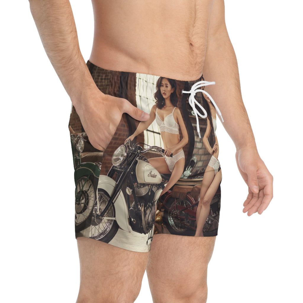 Pinup Motorcycle Swim Trunks — Vintage Biker Pinup All-Over Print