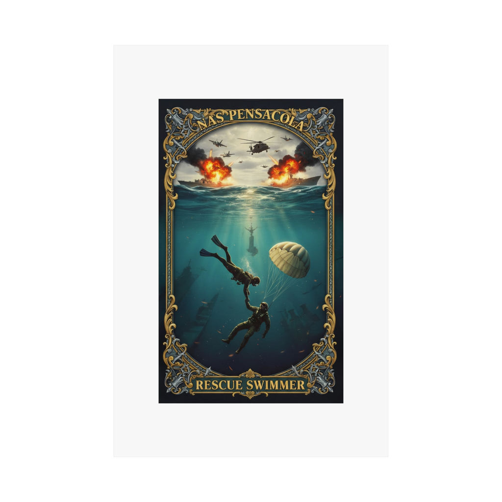 Rescue Swimmer Matte Vertical Poster — NAS Pensacola Military Aviation & Sea Rescue Art