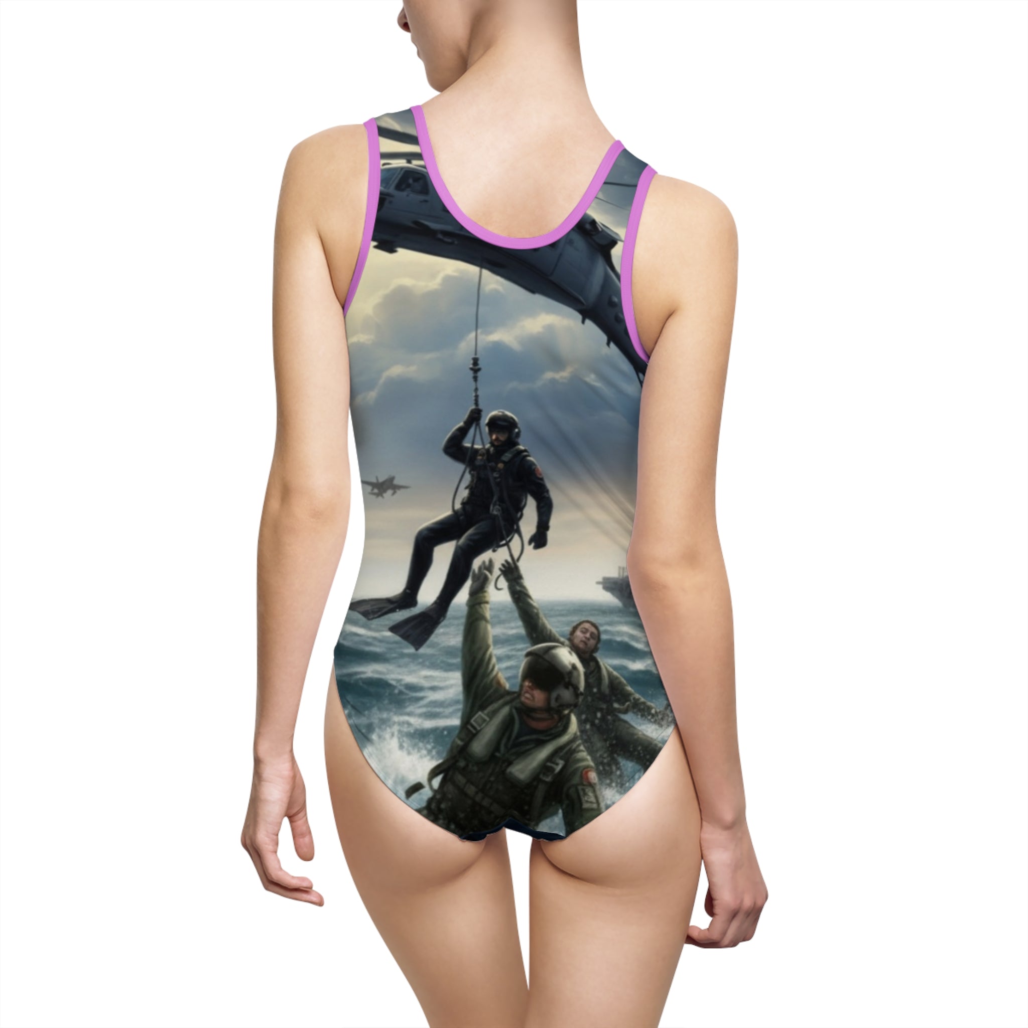 Military Rescue One-Piece Swimsuit — Combat Helicopter & Paratrooper Beachwear