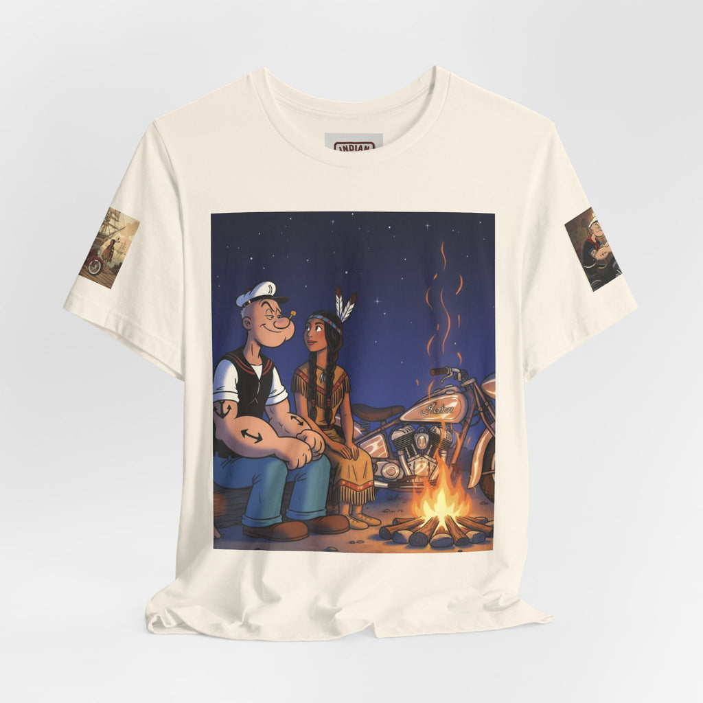 Popeye & Olive Adventure Tee — Vintage Motorcycle Campfire Graphic T-Shirt