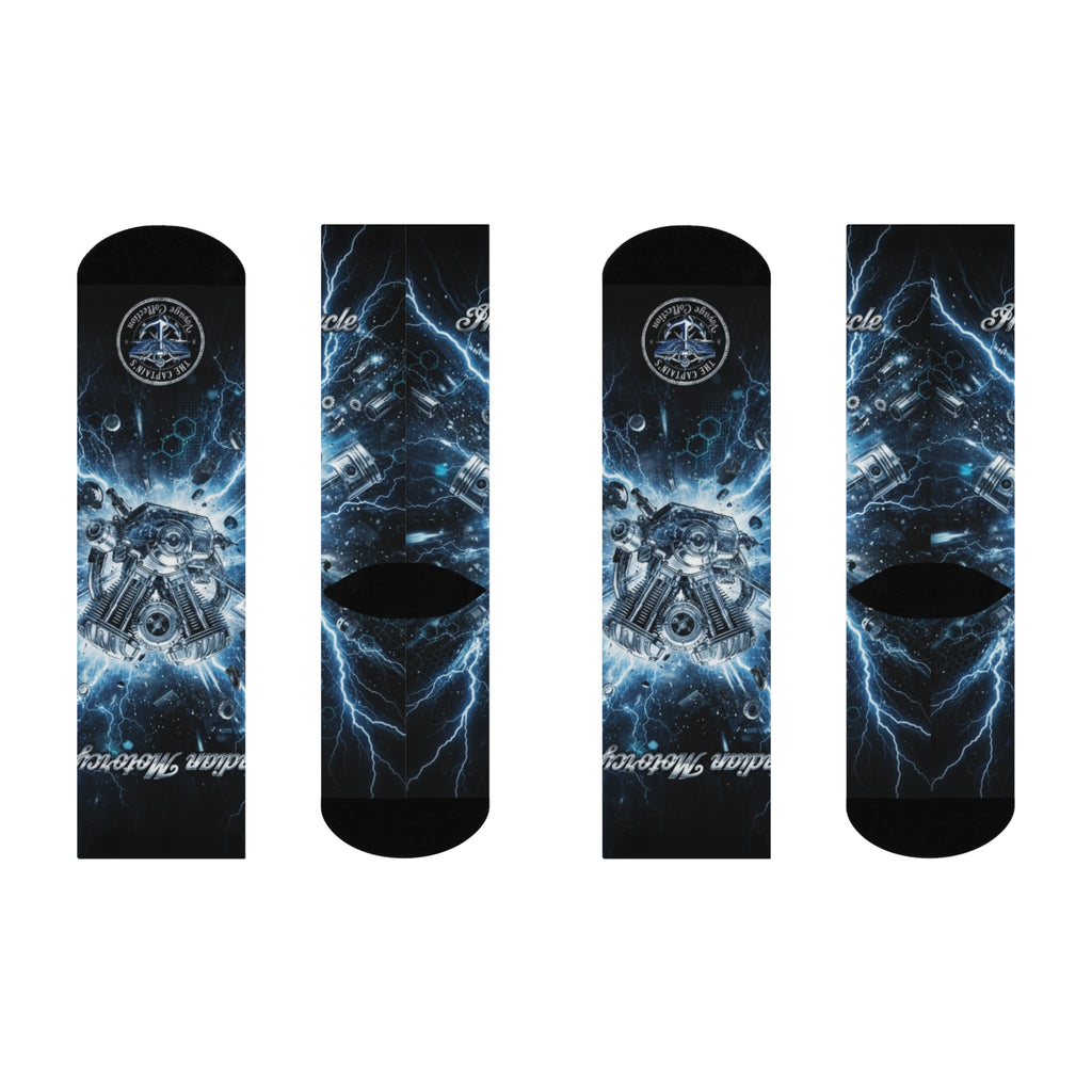 Motorcycle Engine Lightning Crew Socks — Cushioned Biker Socks