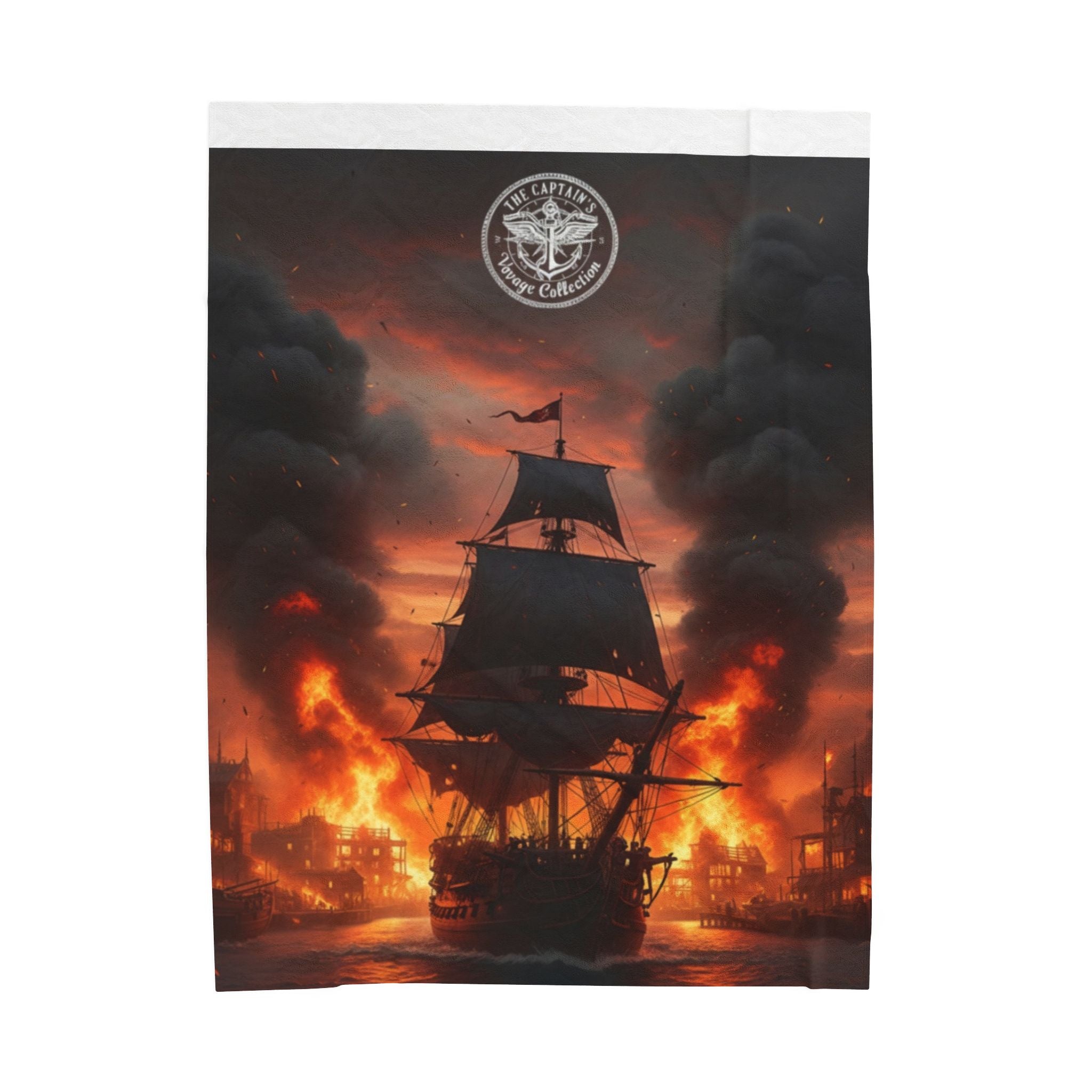 Pirate Ship on Fire Velveteen Plush Blanket — Dramatic Nautical Throw for Cozy Nights