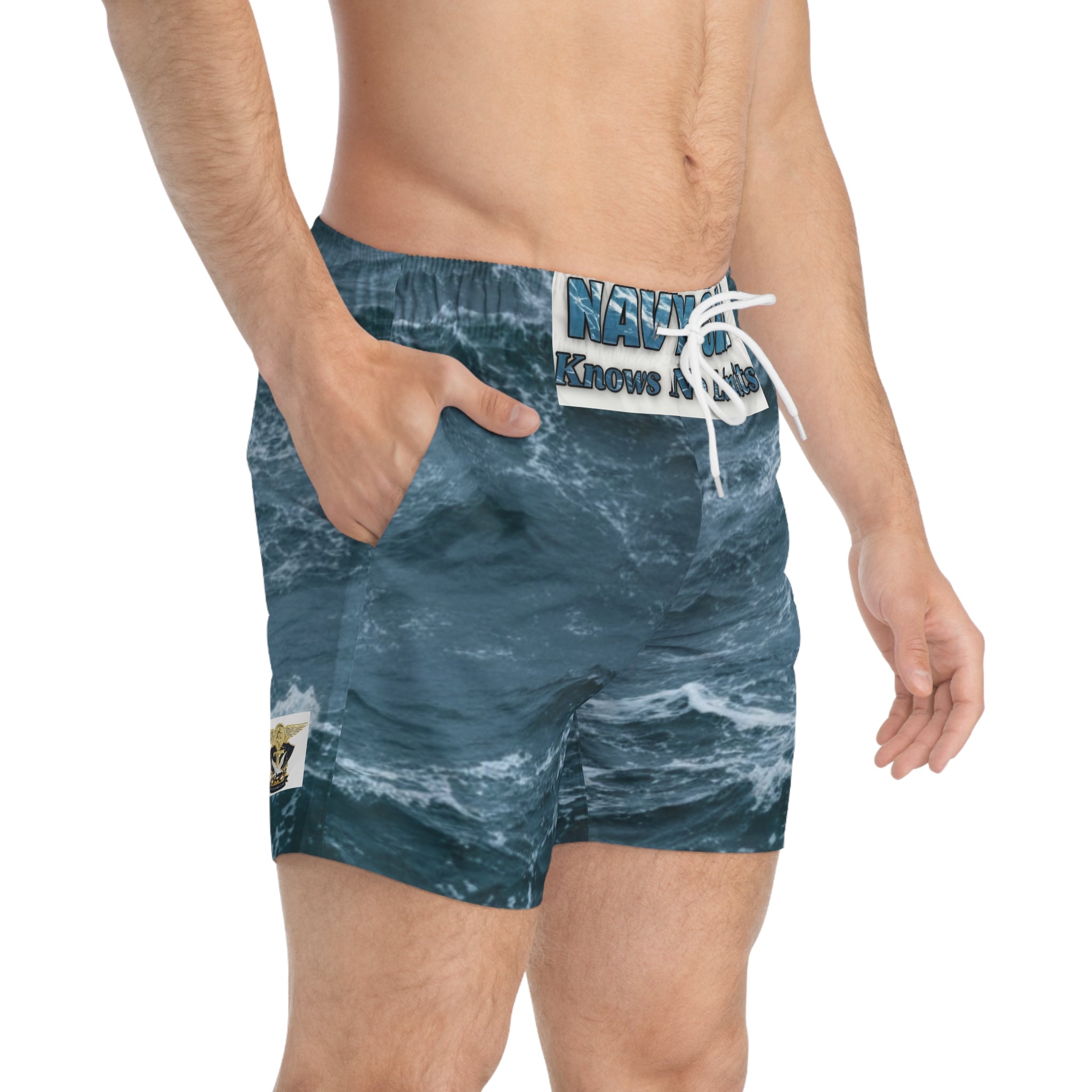 Ocean Wave Swim Trunks — All-Over Print 'Navy Sea Knows No Limits'