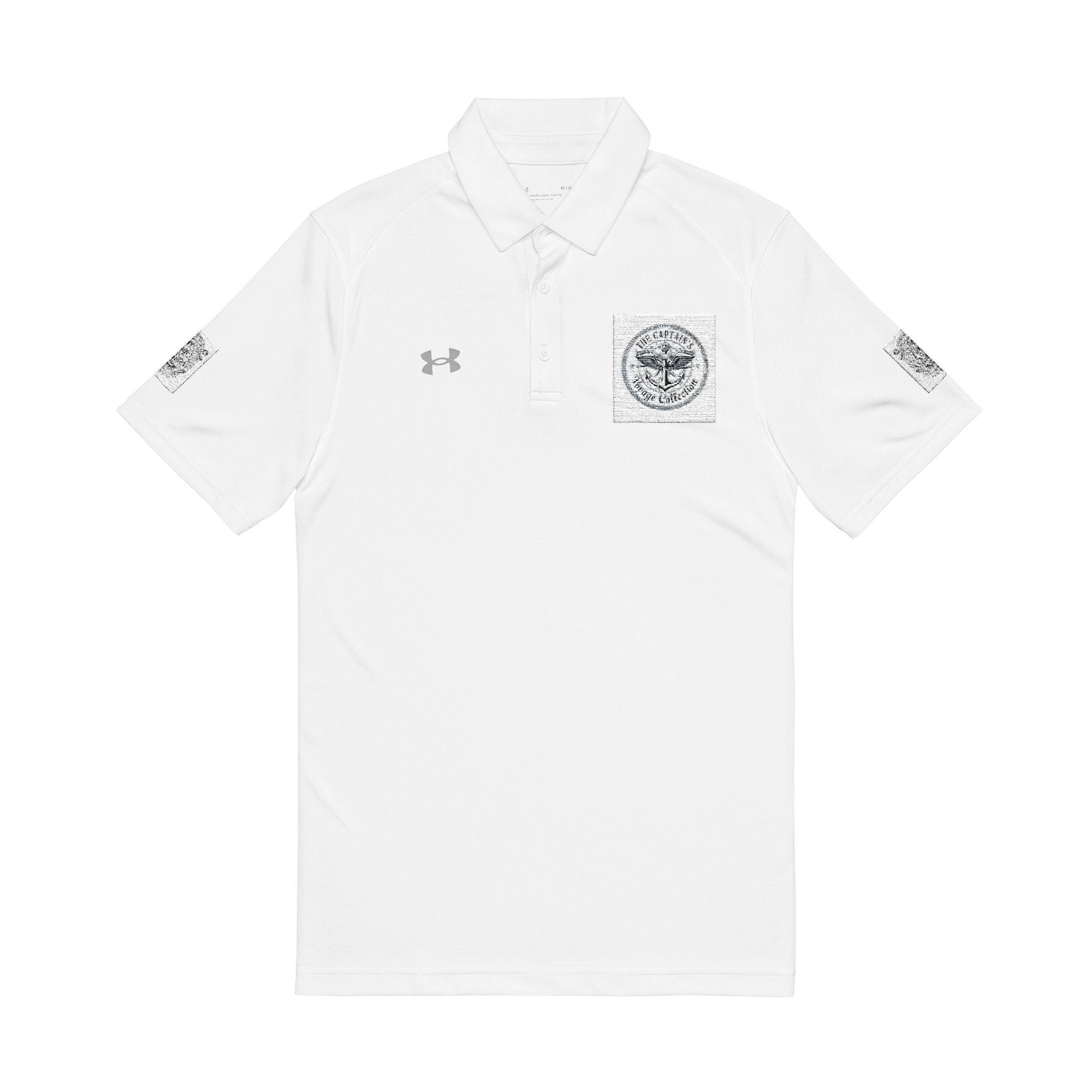 Men's White Embroidered Polo Shirt — Nautical Compass Chest & Sleeve Logo