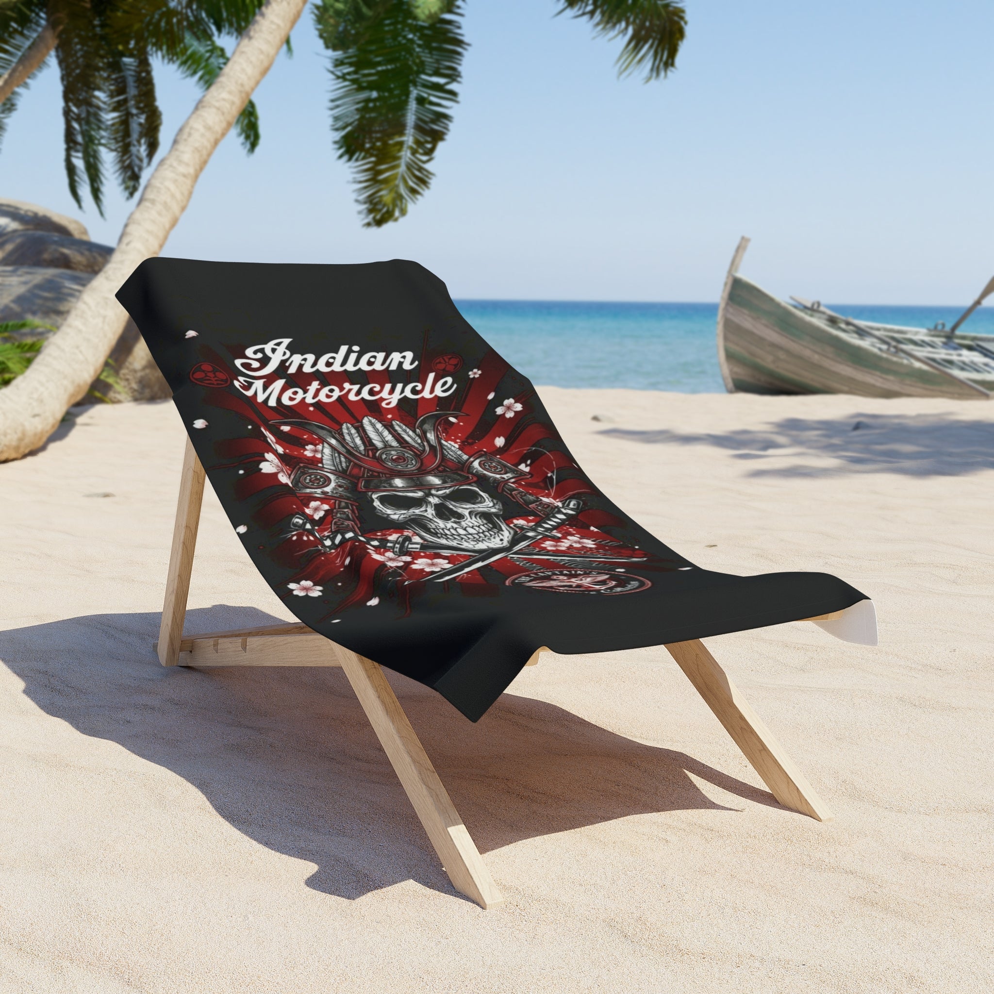 Indian Motorcycle Skull Beach Towel — Biker Skull & Helmet Design