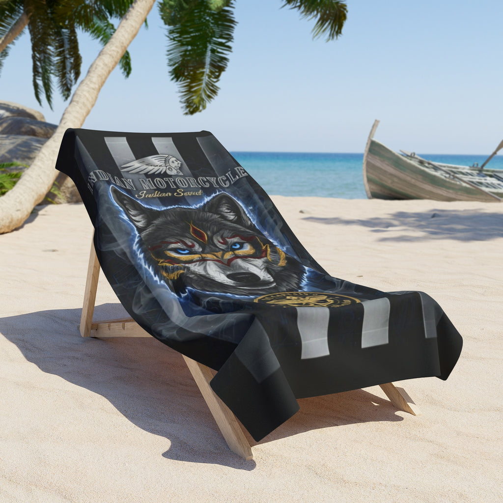 Wolf Motorcycle Beach Towel — Tribal Wolf Emblem Striped Beach Towel