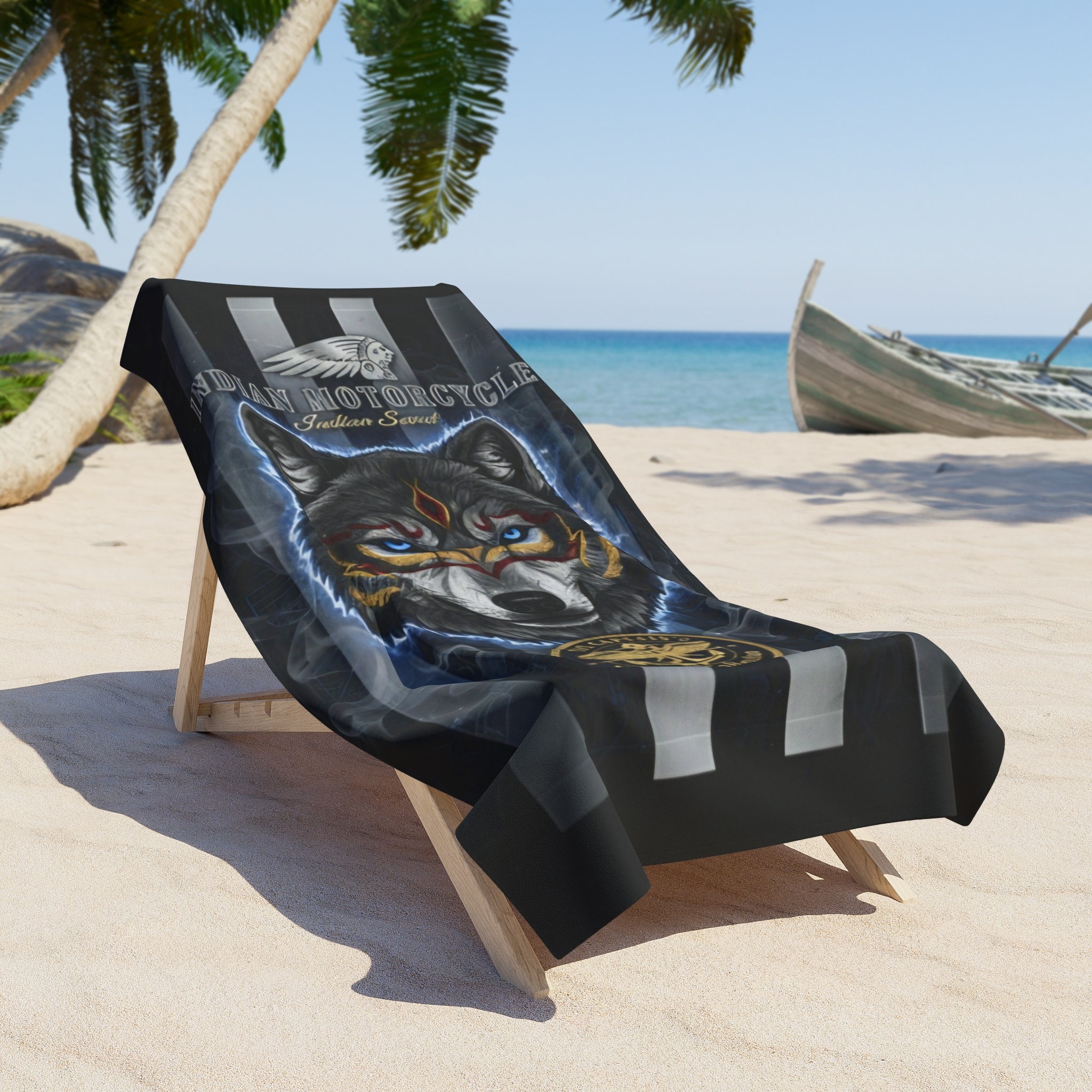 Wolf Motorcycle Beach Towel — Tribal Wolf Emblem Striped Beach Towel