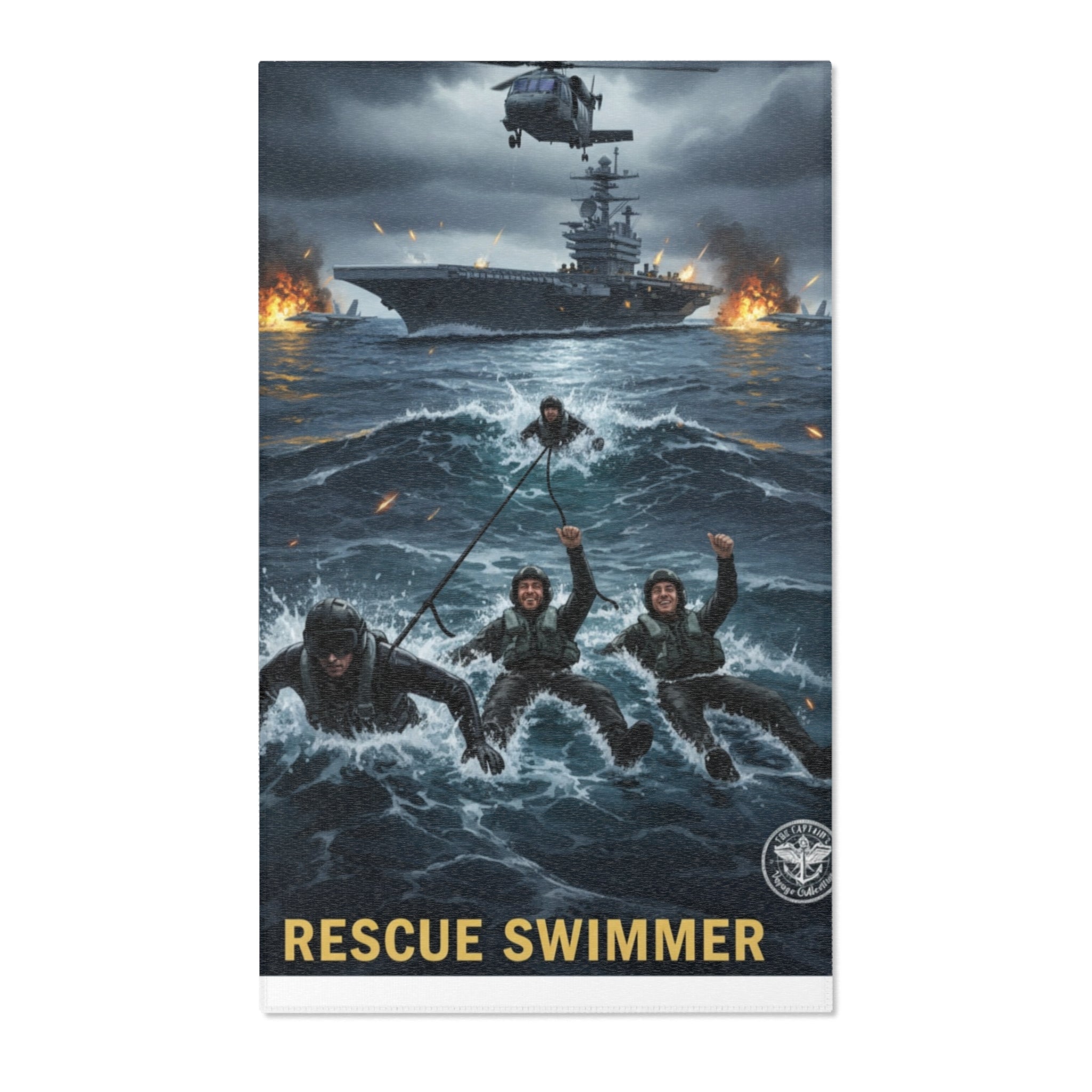 Rescue Swimmer Area Rug — Military Navy Helicopter & Ship Ocean Scene