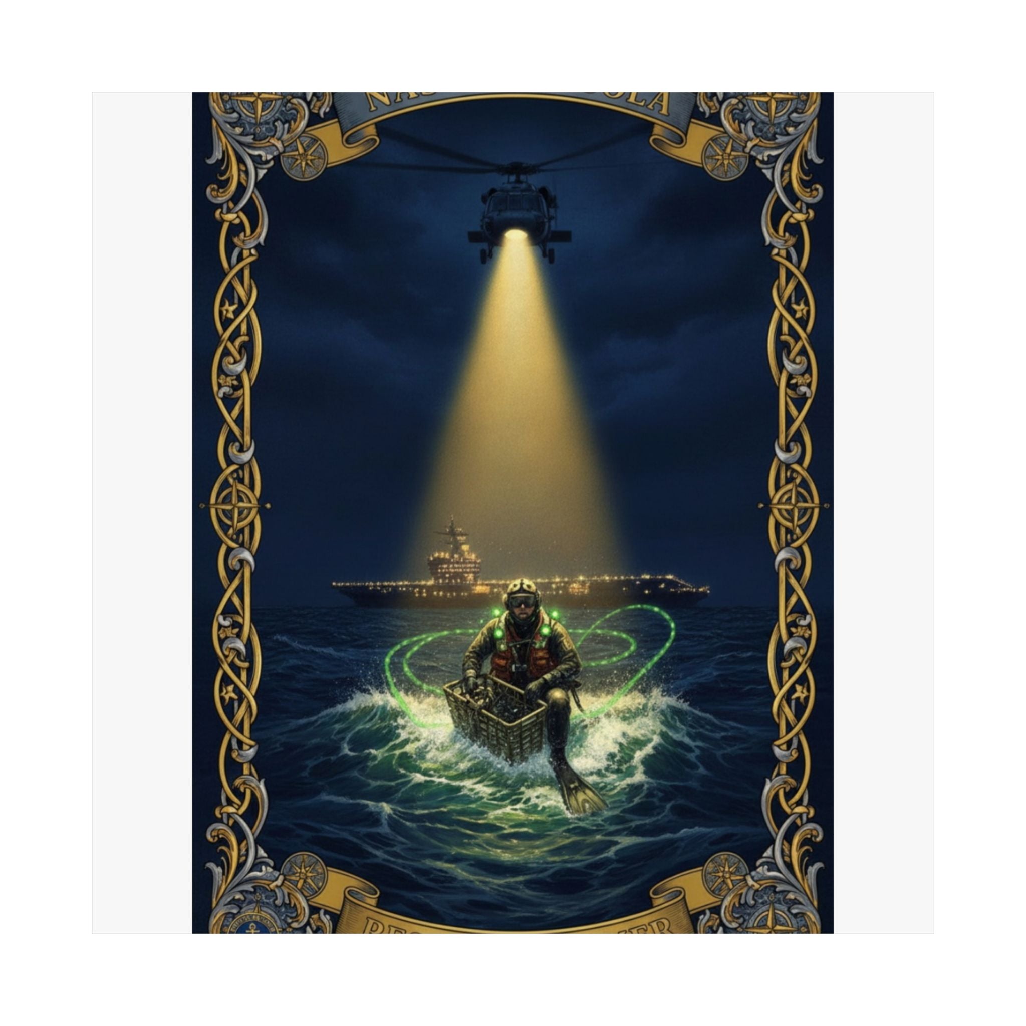 Nautical Rescue Matte Poster — Lighthouse Search & Shipwreck Scene