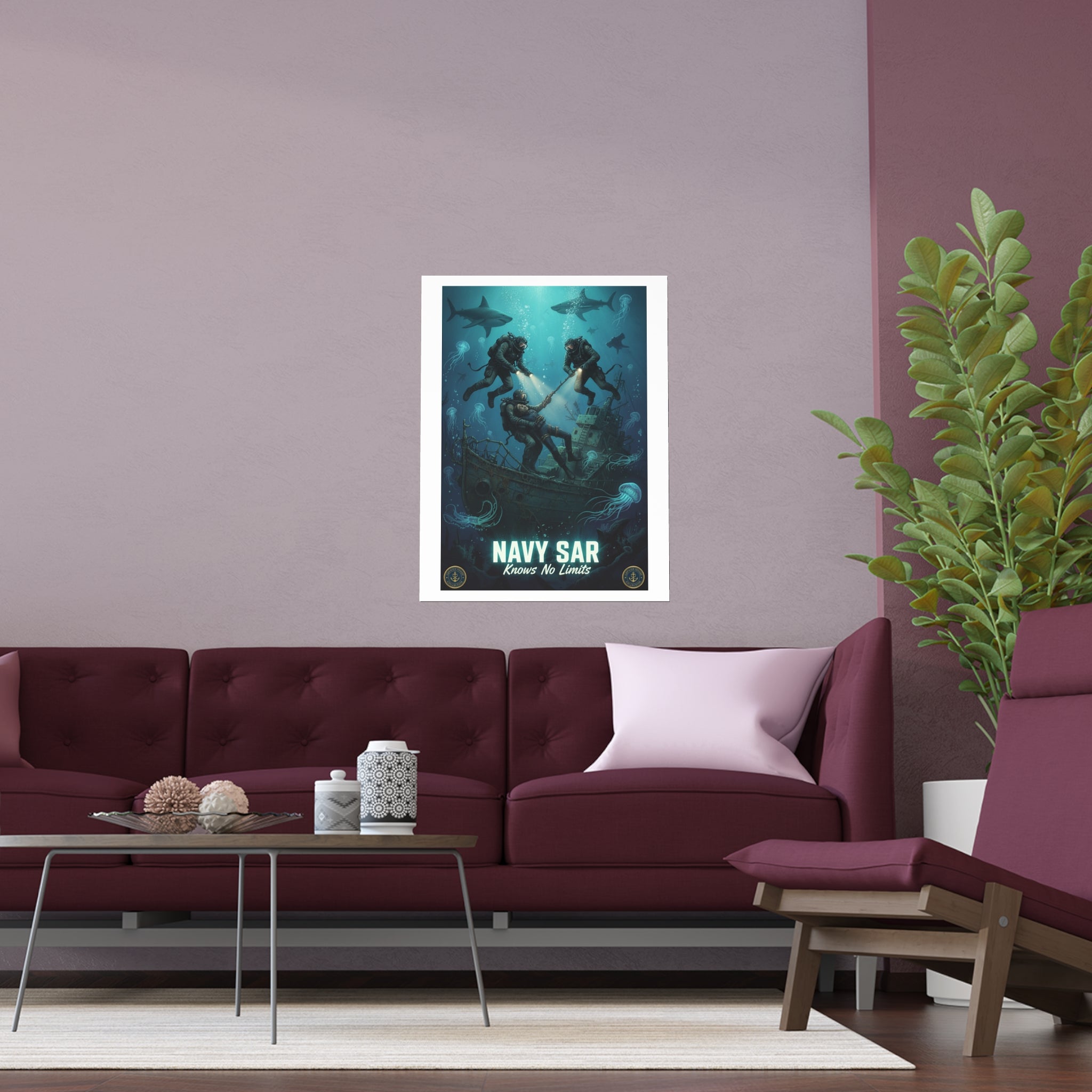 Navy SAR Silk Poster — 'Knows No Limits' Underwater Diver Rescue Art