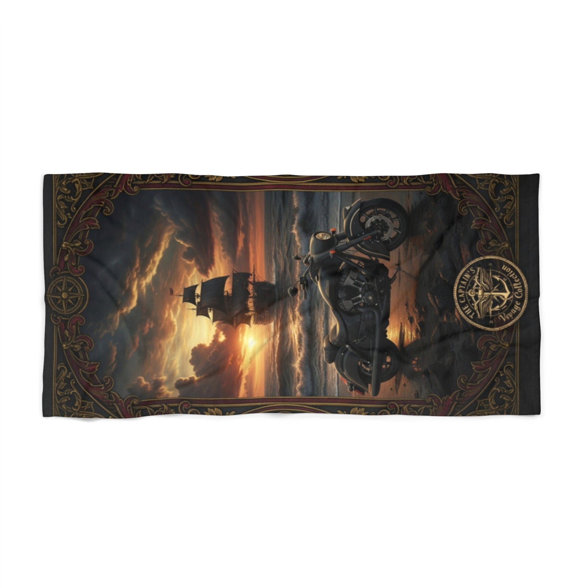 Pirate Sunset Beach Towel — Nautical Ship & Skull Sunset Design