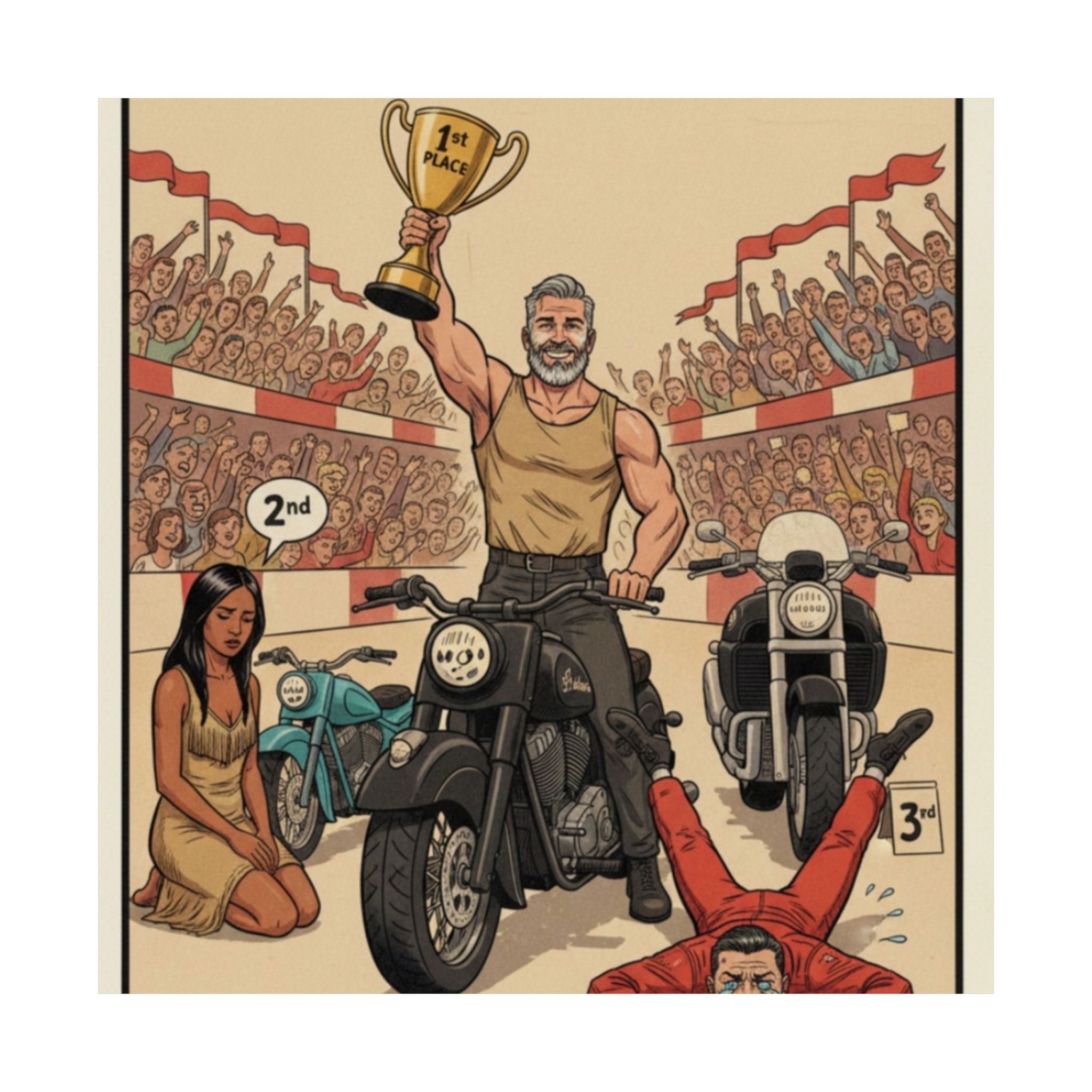 Motorcycle Victory Lap Poster — Retro Biker Triumph Matte Vertical Art