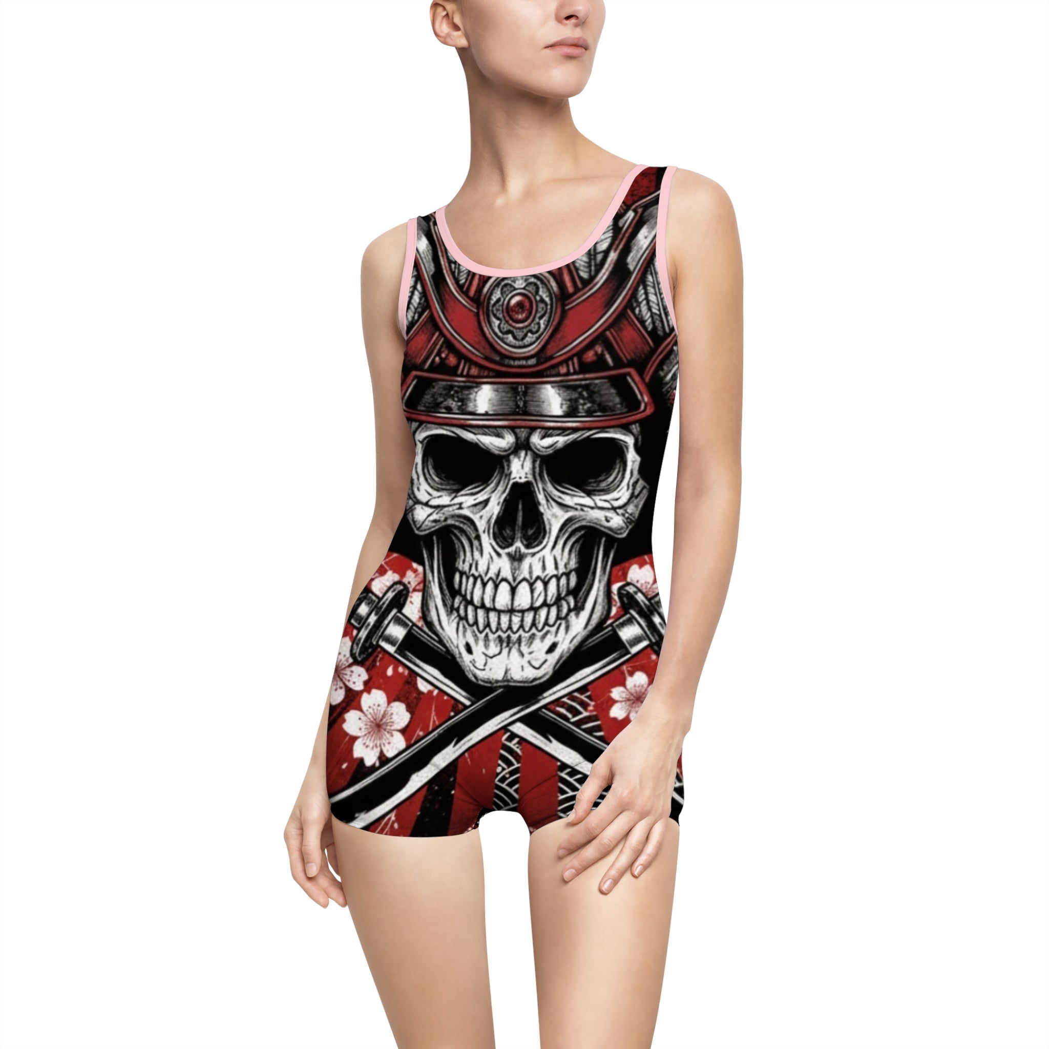 Skull Samurai One-Piece Swimsuit – Vintage Red Floral AOP