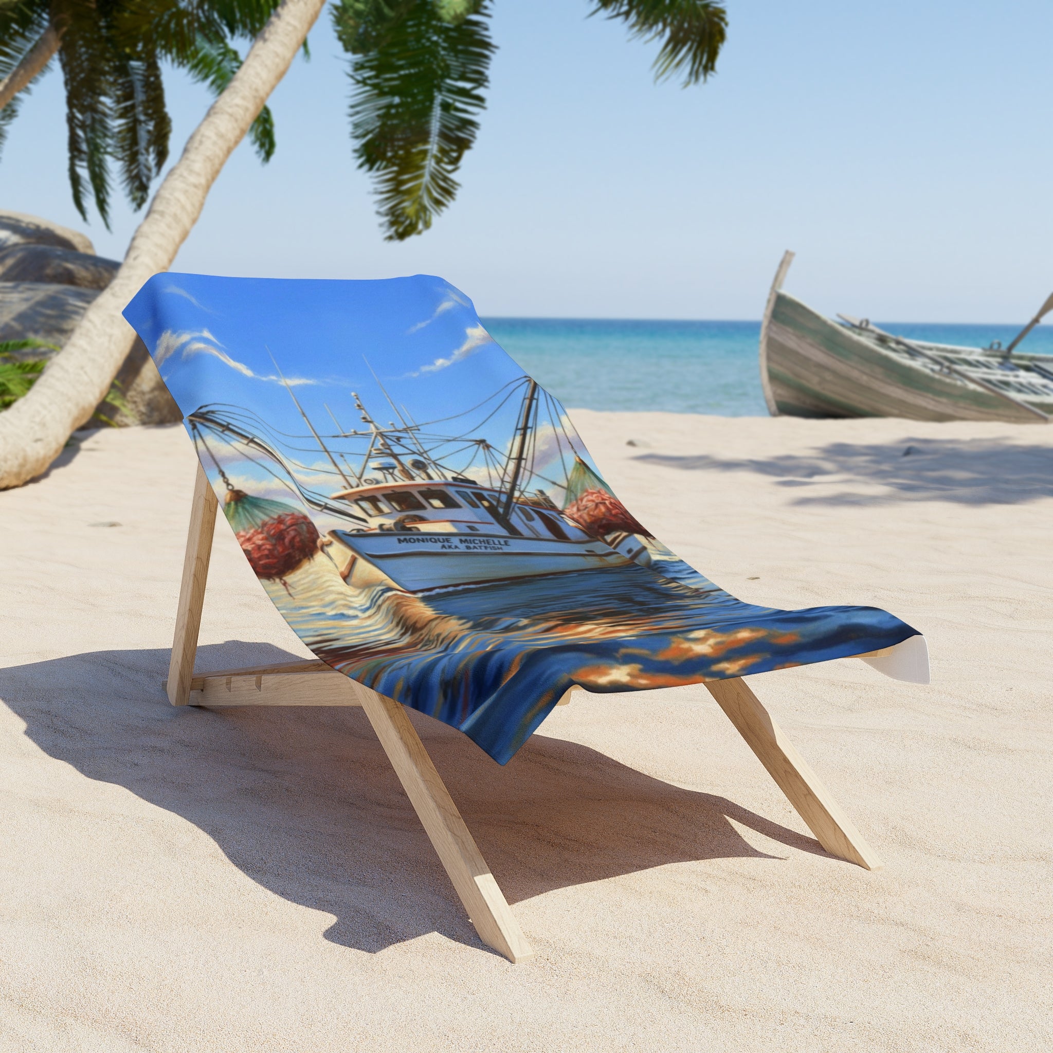 Boat Scene Beach Towel — Nautical Fishing Boat Sunset Design