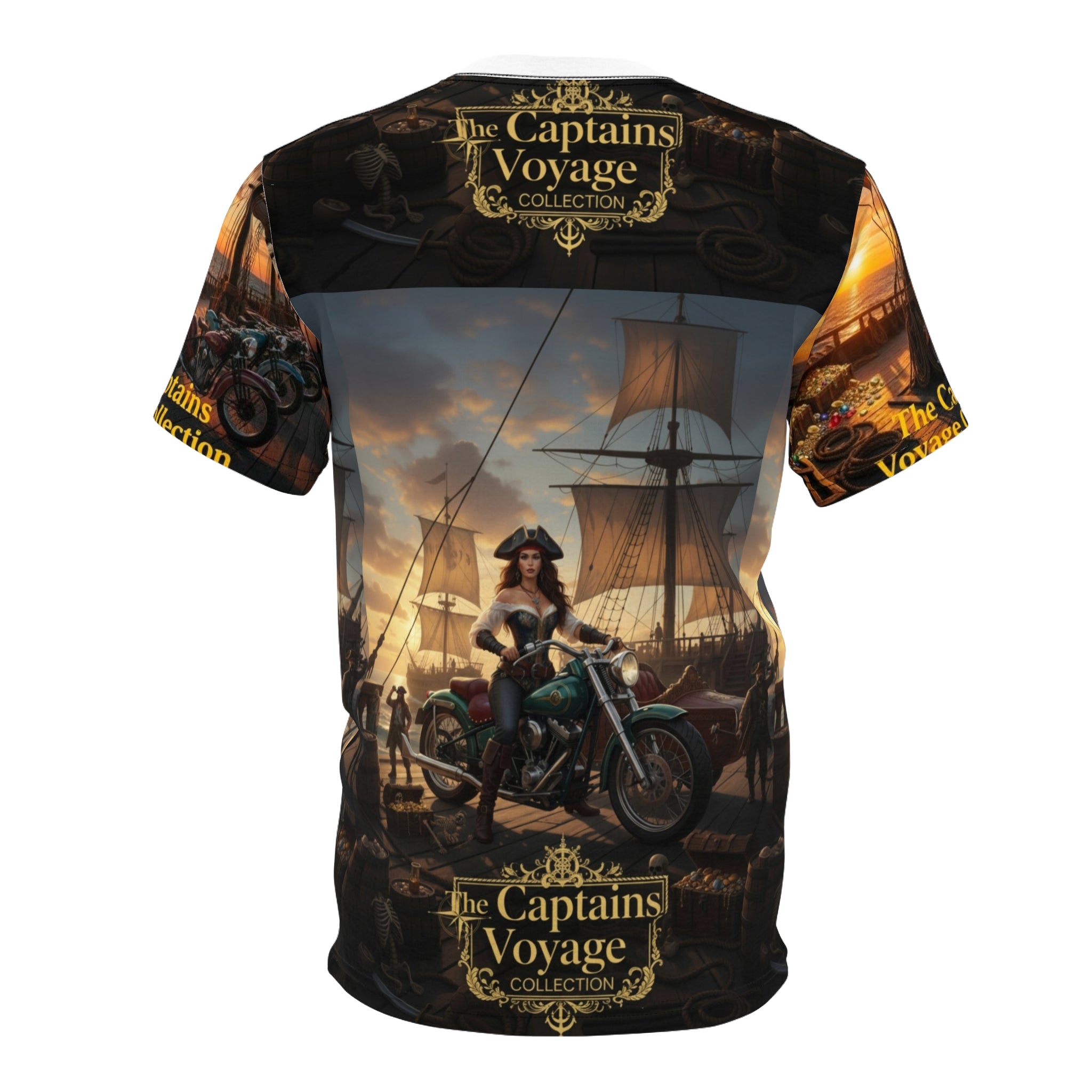 Captain's Voyage All-Over Print Tee — Pirate Captain Motorcycle Nautical Graphic Shirt