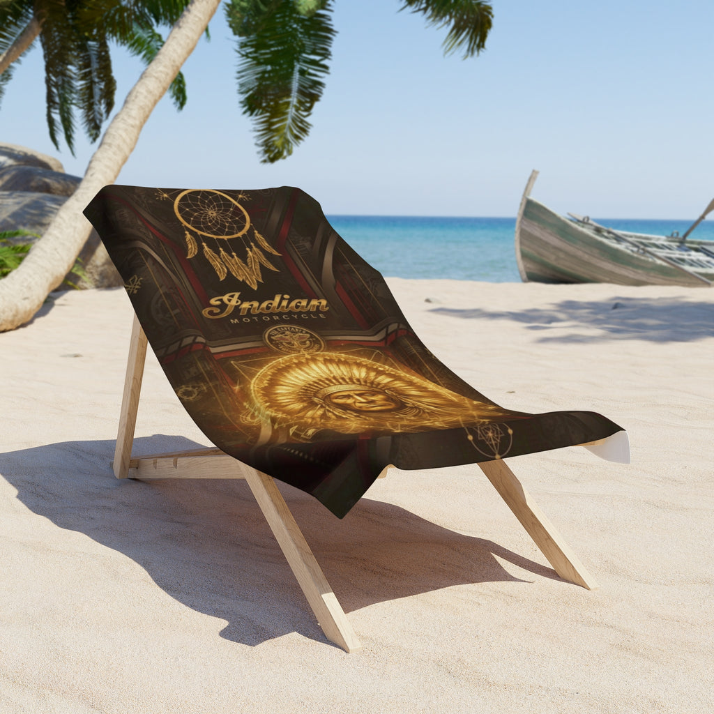Indian Motorcycle Inspired Golden Chief Beach Towel with Dreamcatcher Design