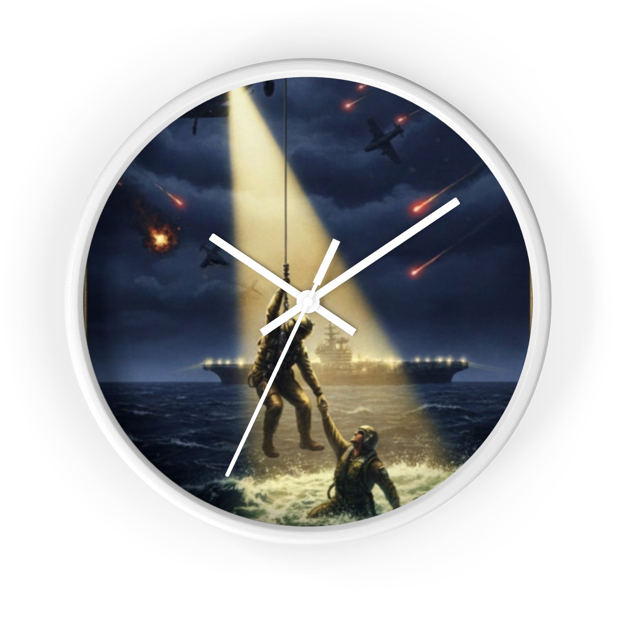 Rescue at Dawn Wall Clock — Military Helicopter Sea Rescue Scene