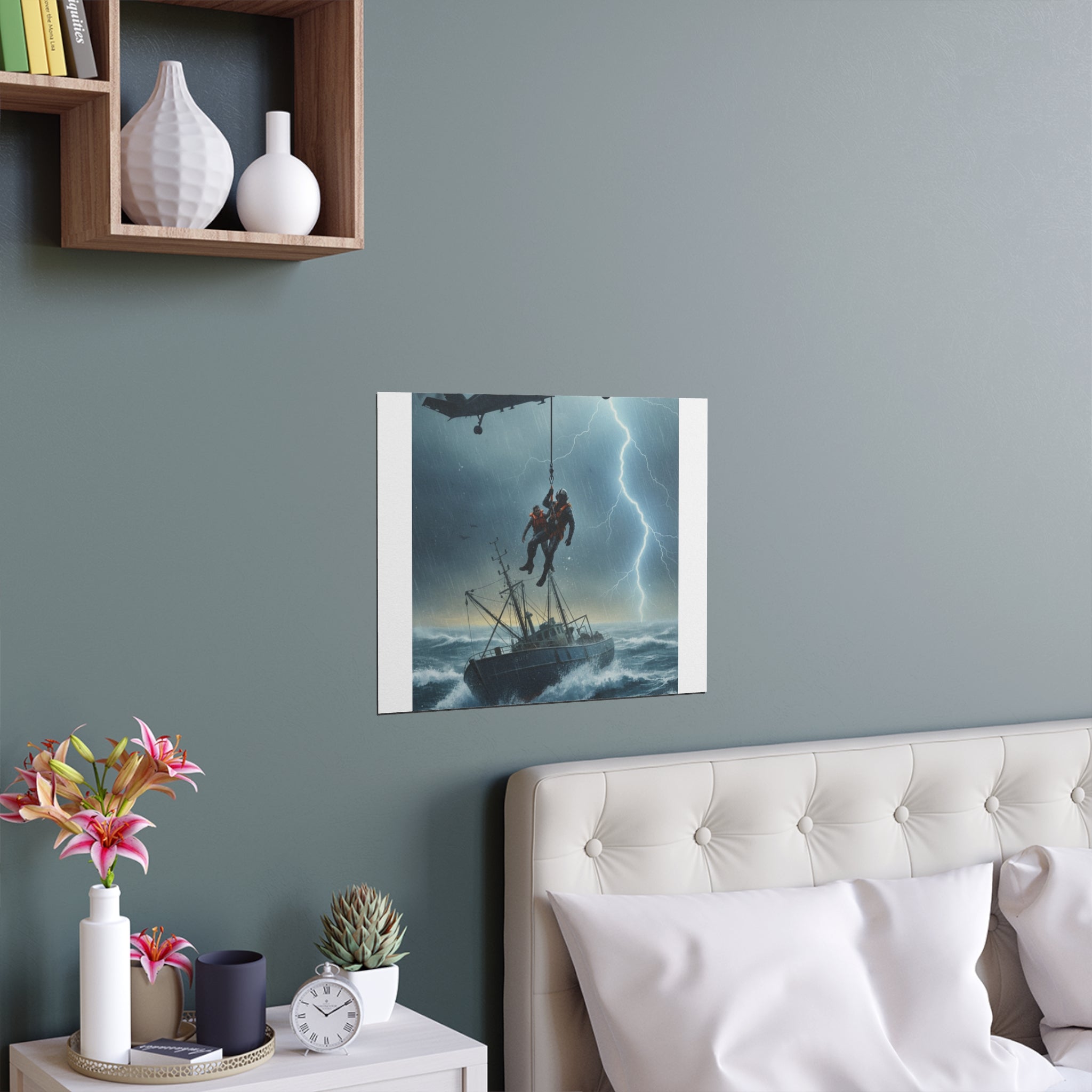Rescue at Sea Silk Poster — Storm Helicopter Lifesaver Wall Art (Indoor/Outdoor)