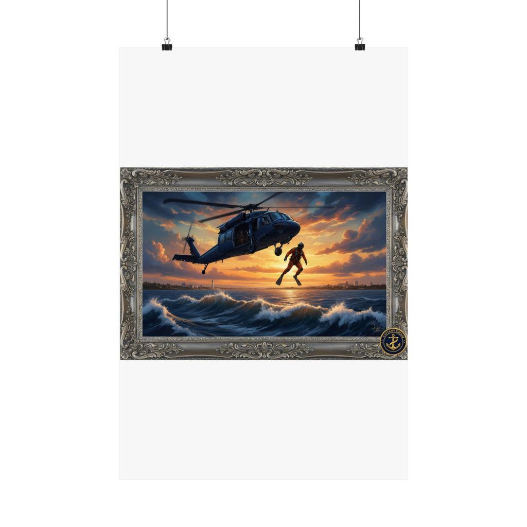Rescue Helicopter Sunset Poster — Matte Vertical Aviation Wall Art