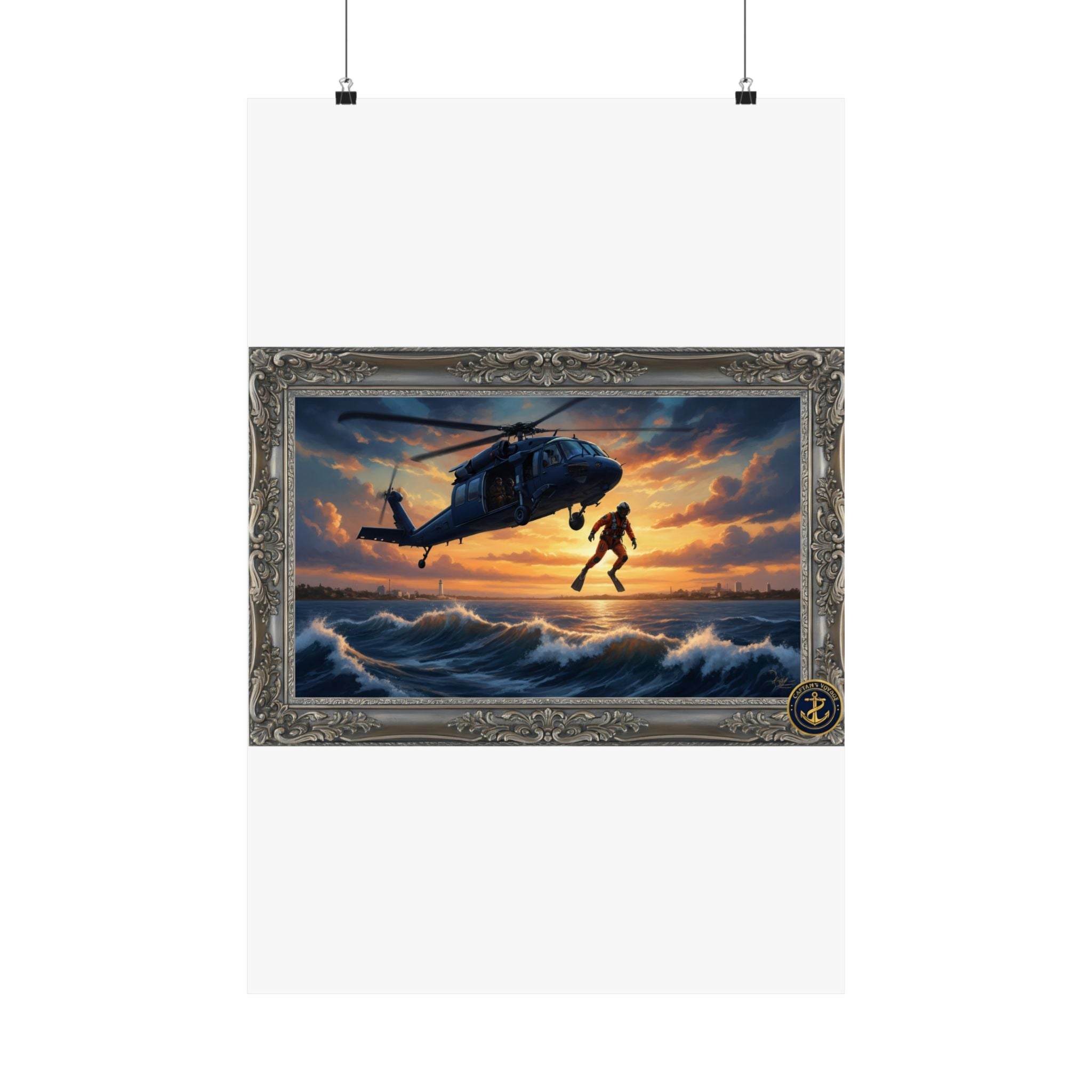 Rescue Helicopter Sunset Poster — Matte Vertical Aviation Wall Art