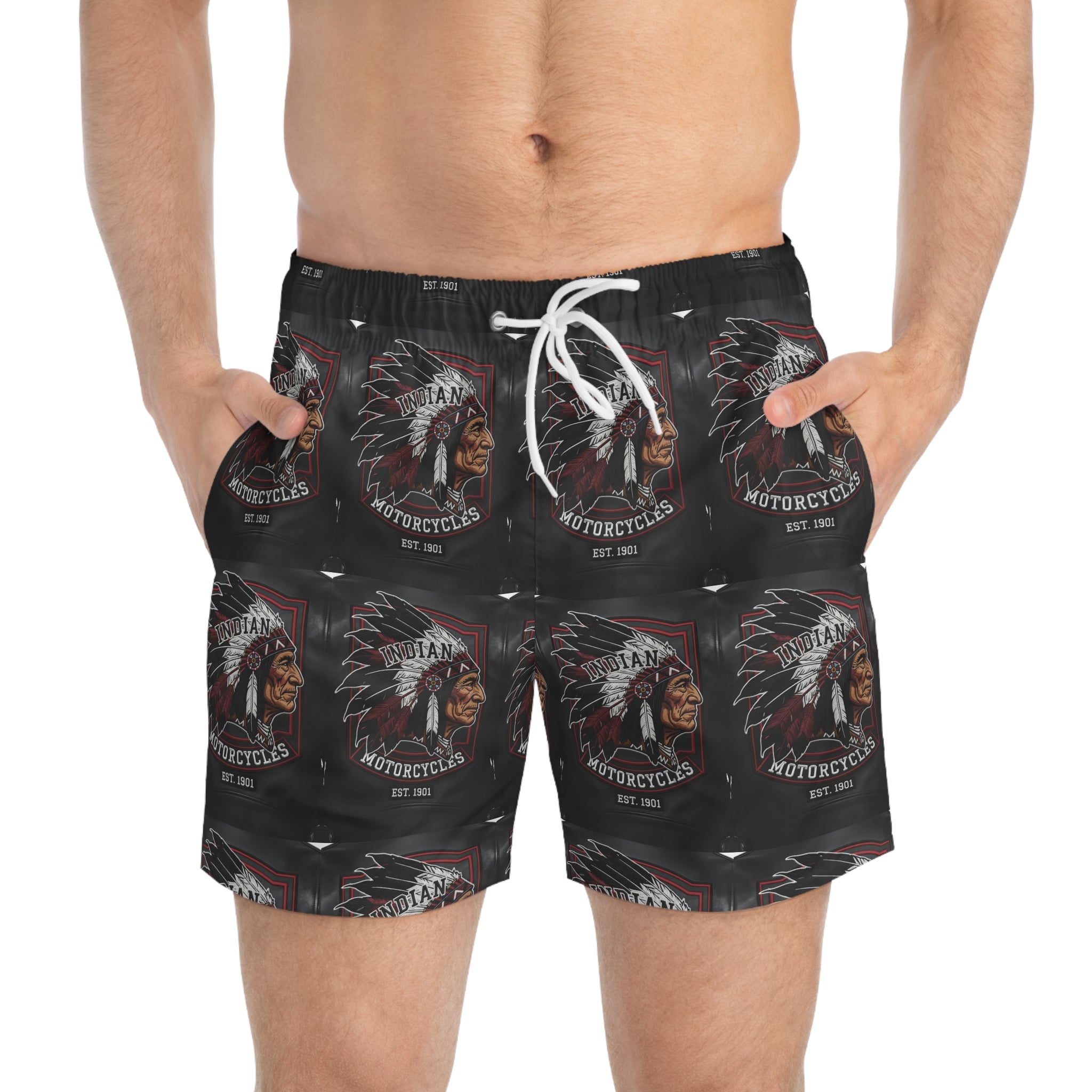 Indian Motorcycles Graphic Swim Trunks — Vintage Chief Headdress Print