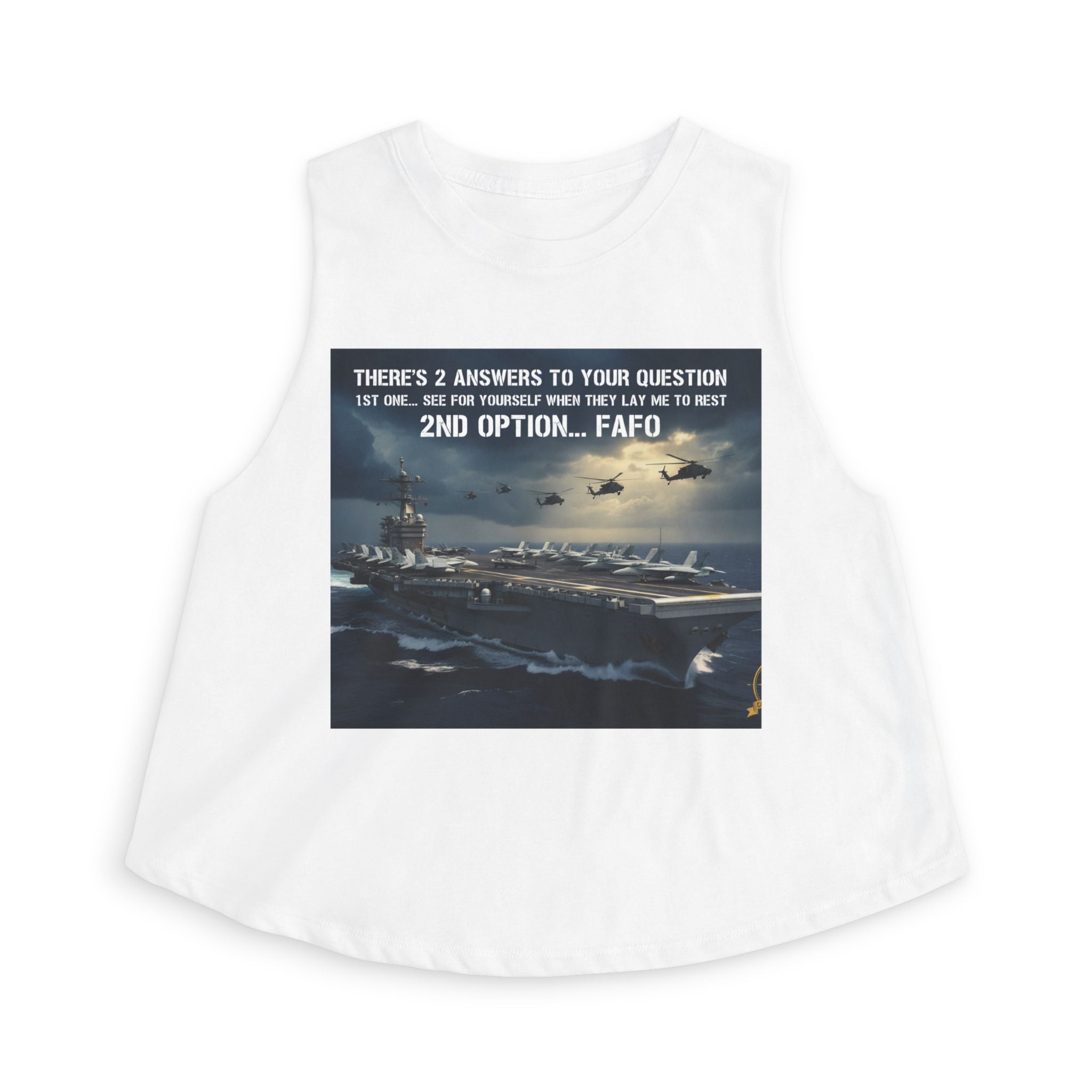 Women’s Crop Top – Military Aircraft Carrier Graphic with “2nd Option…F A F O” Text