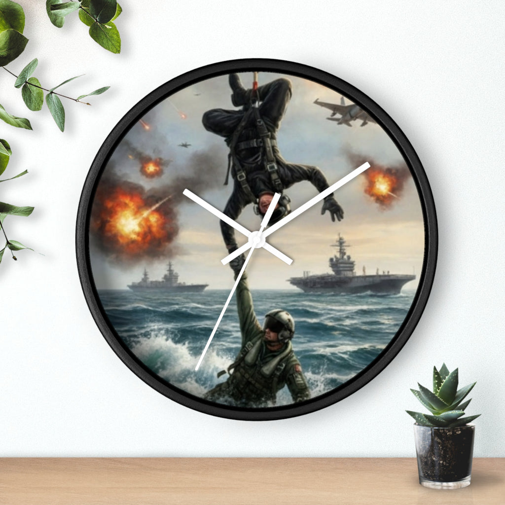 Military Rescue Wall Clock — Navy Helicopter & Sailor Action Scene