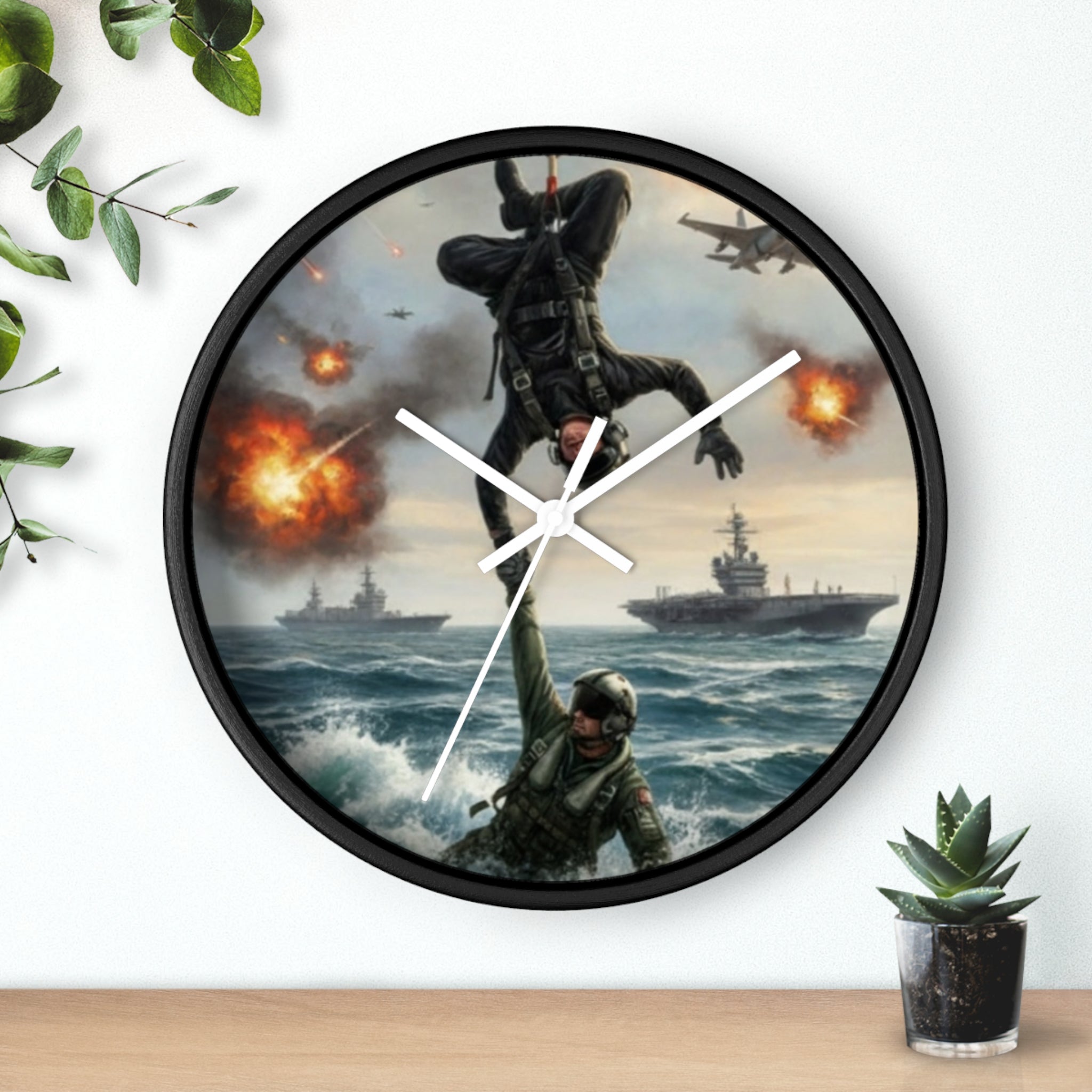 Military Rescue Wall Clock — Navy Helicopter & Sailor Action Scene