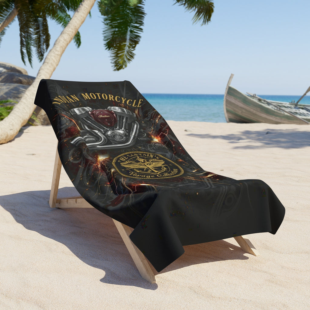 Motorcycle Emblem Beach Towel — Retro Indian Motorcycle Graphic
