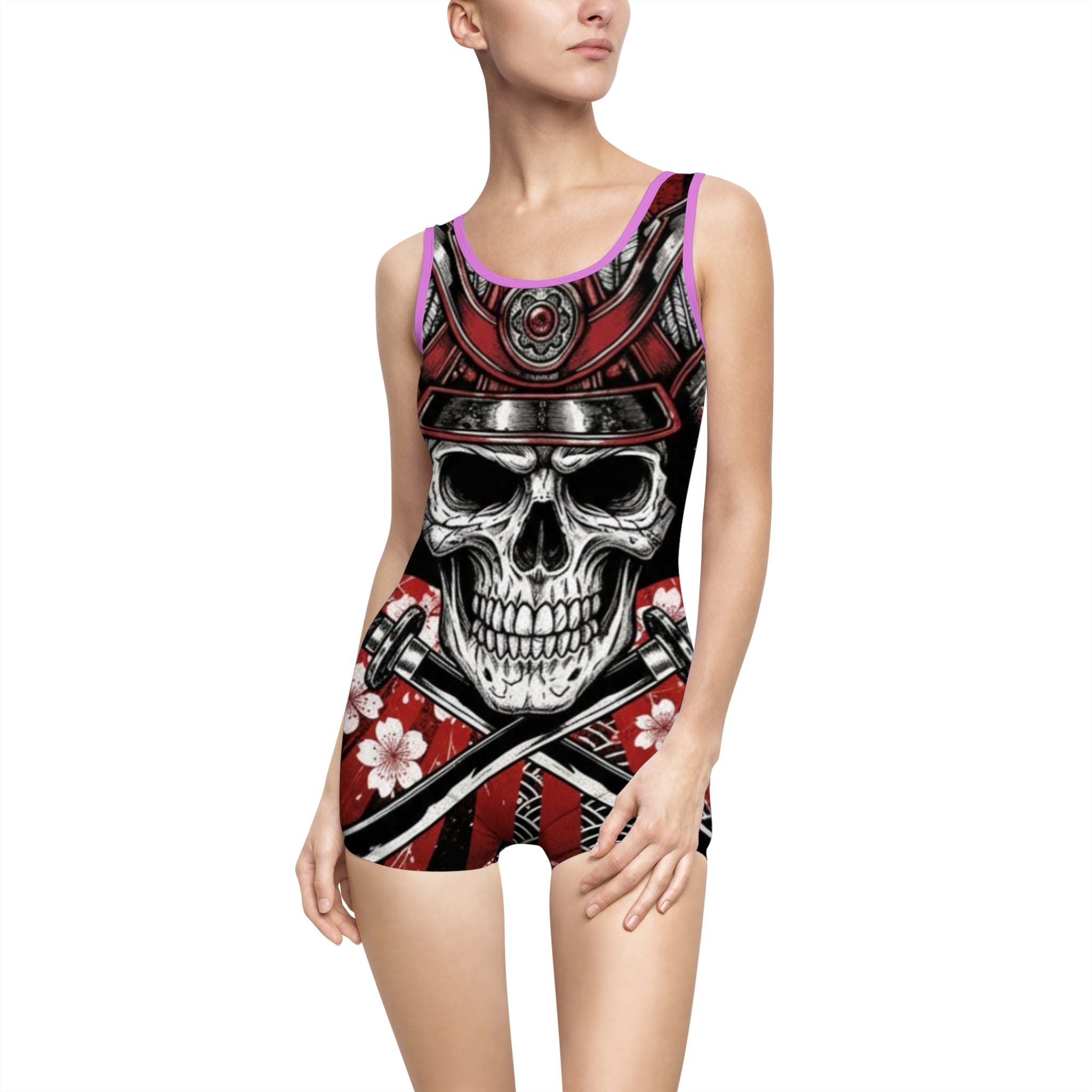 Skull Samurai One-Piece Swimsuit – Vintage Red Floral AOP