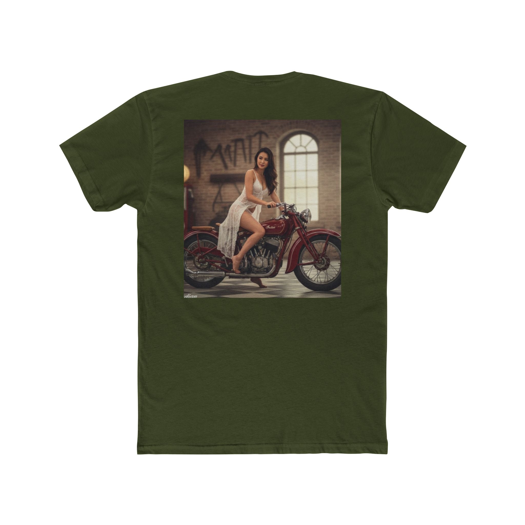 Vintage Motorcycle Pinup Tee — Retro Biker Photo Crewneck
