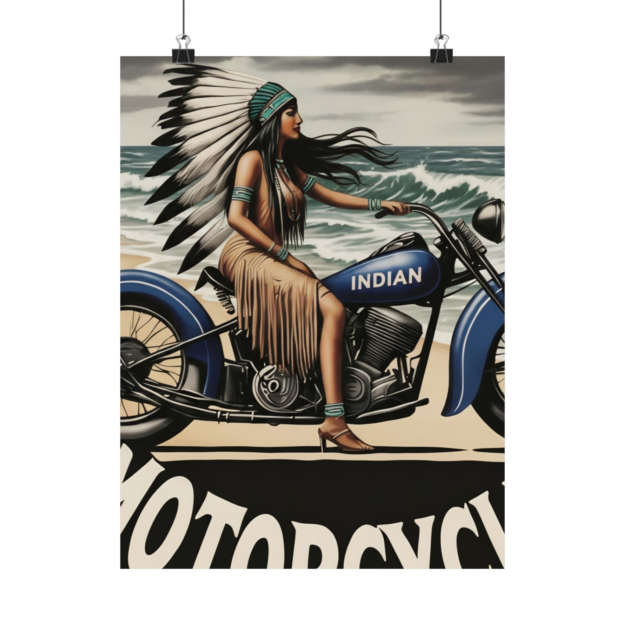 Vintage Motorcycle Poster — Native American Woman on Bike Matte Vertical Print
