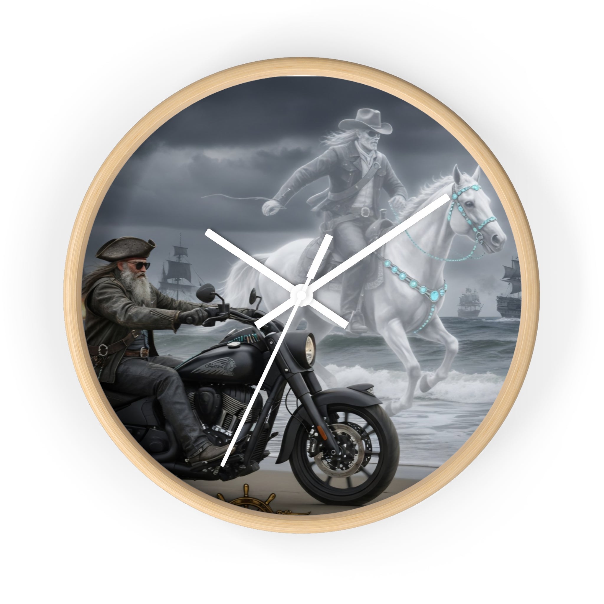 Biker & Ghost Horse Wall Clock — Haunted Seaside Motorcycle Decor
