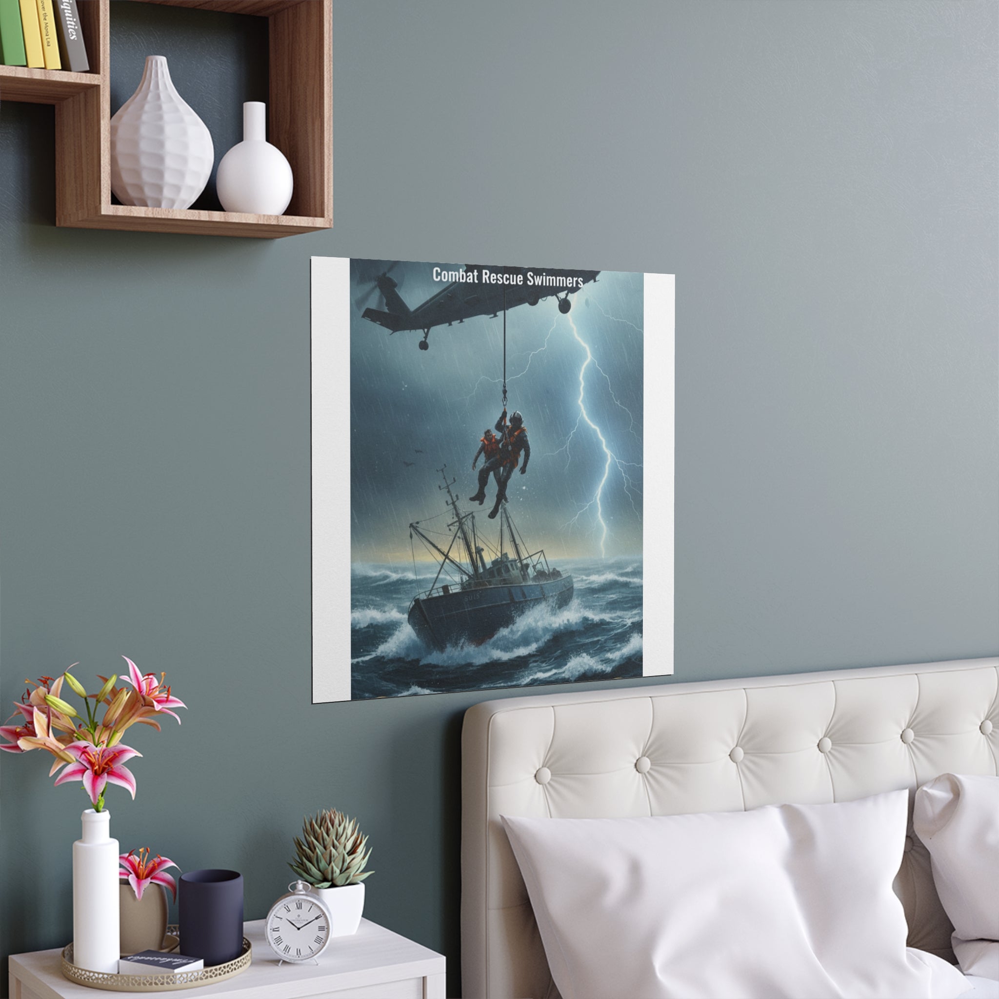 Rescue at Sea Silk Poster — Storm Helicopter Lifesaver Wall Art (Indoor/Outdoor)
