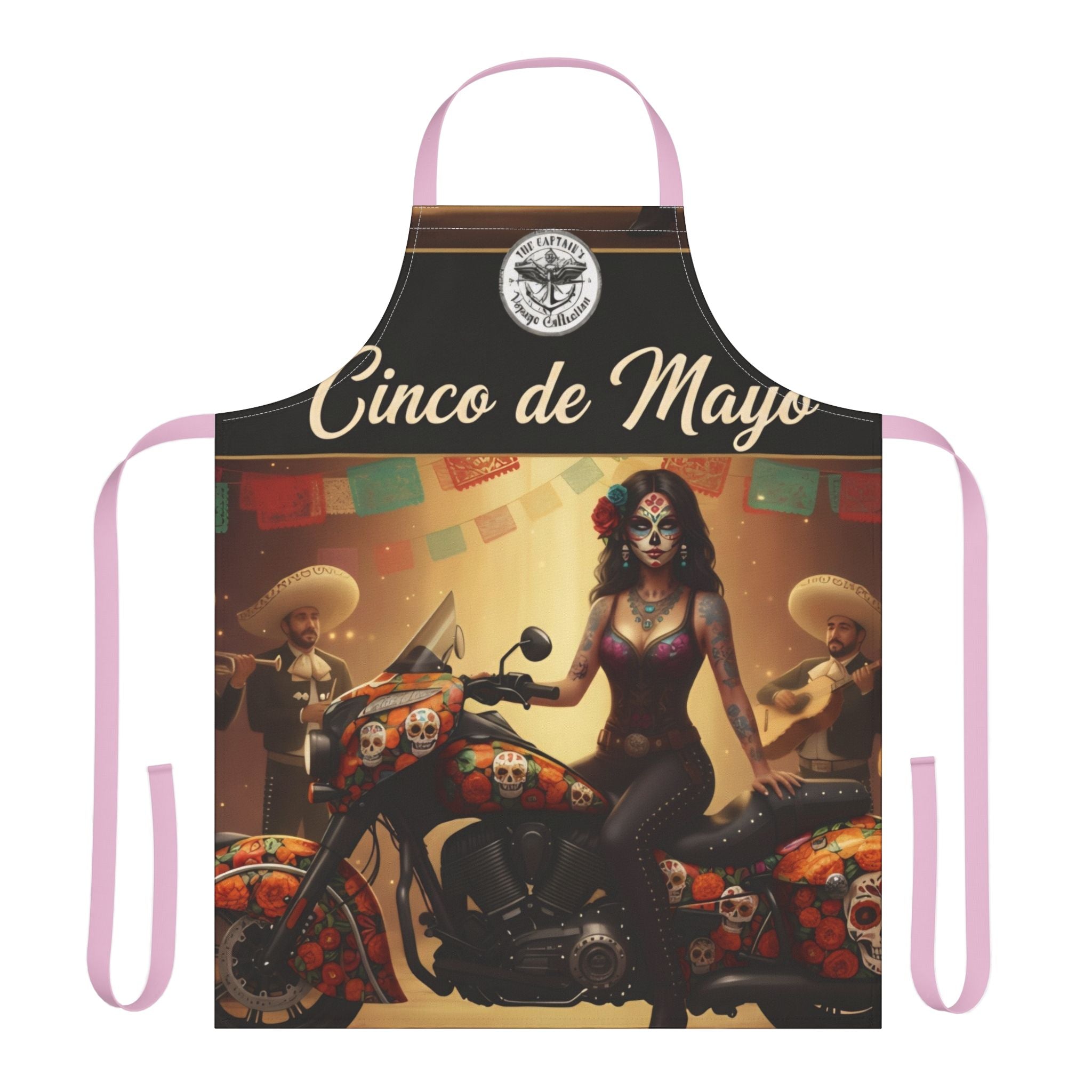 Cinco de Mayo Sugar Skull Biker Apron — Day of the Dead Motorcycle Cooking Apron