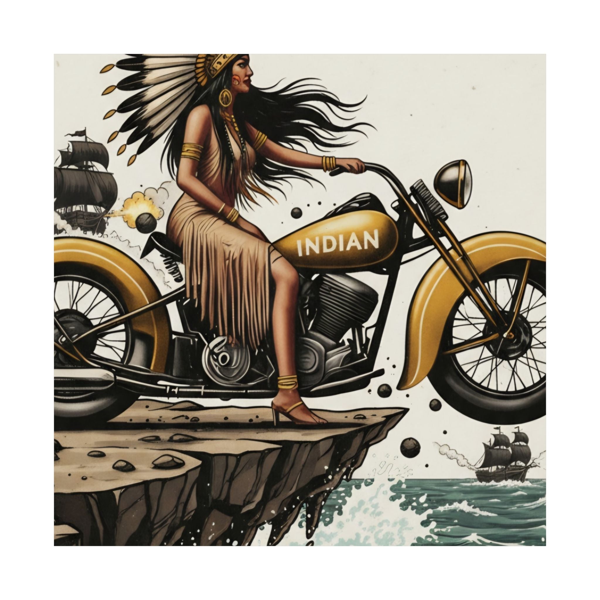 Vintage Indian Motorcycle Poster — Native Rider Matte Vertical Art Print