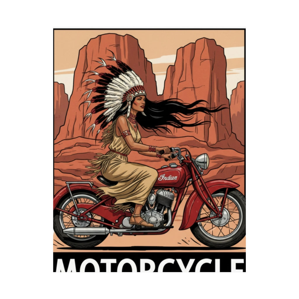 Motorcycle Vintage Poster — Native Woman on Red Indian Bike Matte Vertical Art Print