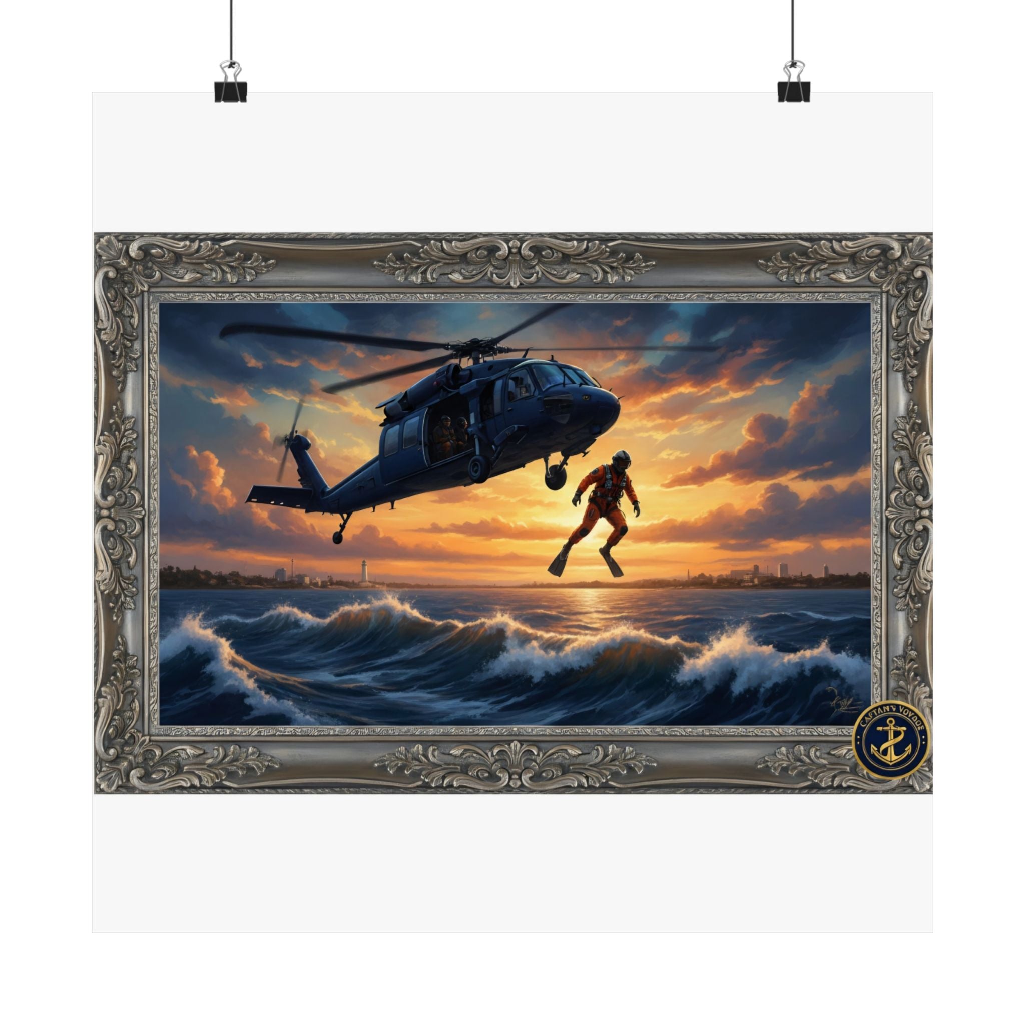 Rescue Helicopter Sunset Poster — Matte Vertical Aviation Wall Art
