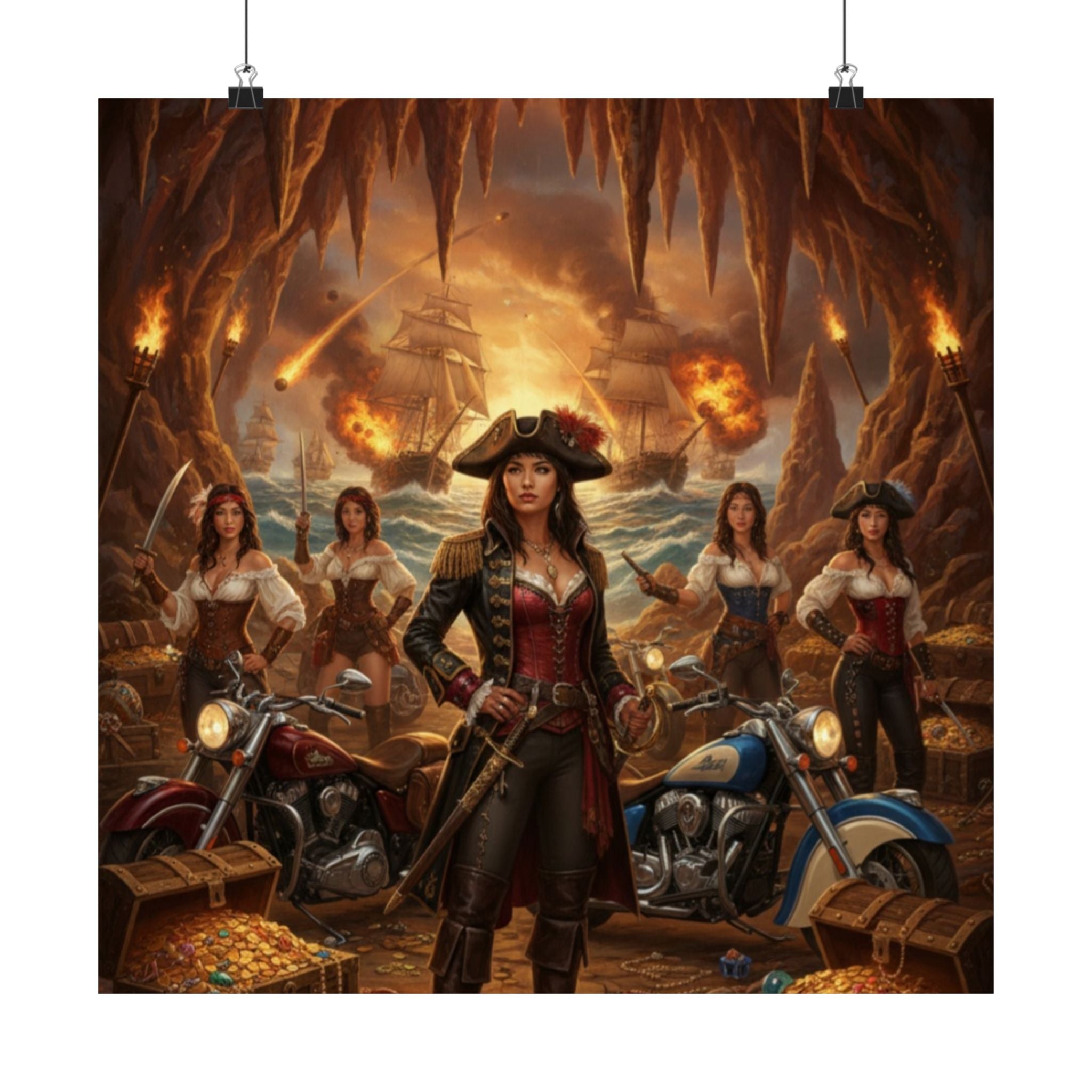 Pirate Queen Matte Poster — Fantasy Biker Treasure Cave Wall Art