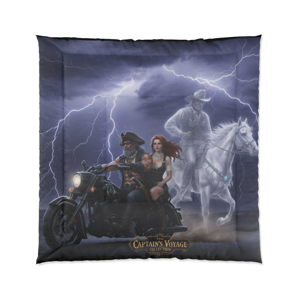 Captain's Voyage Motorcycle Rider Comforter with Ghostly Cowboy & Lightning Scene
