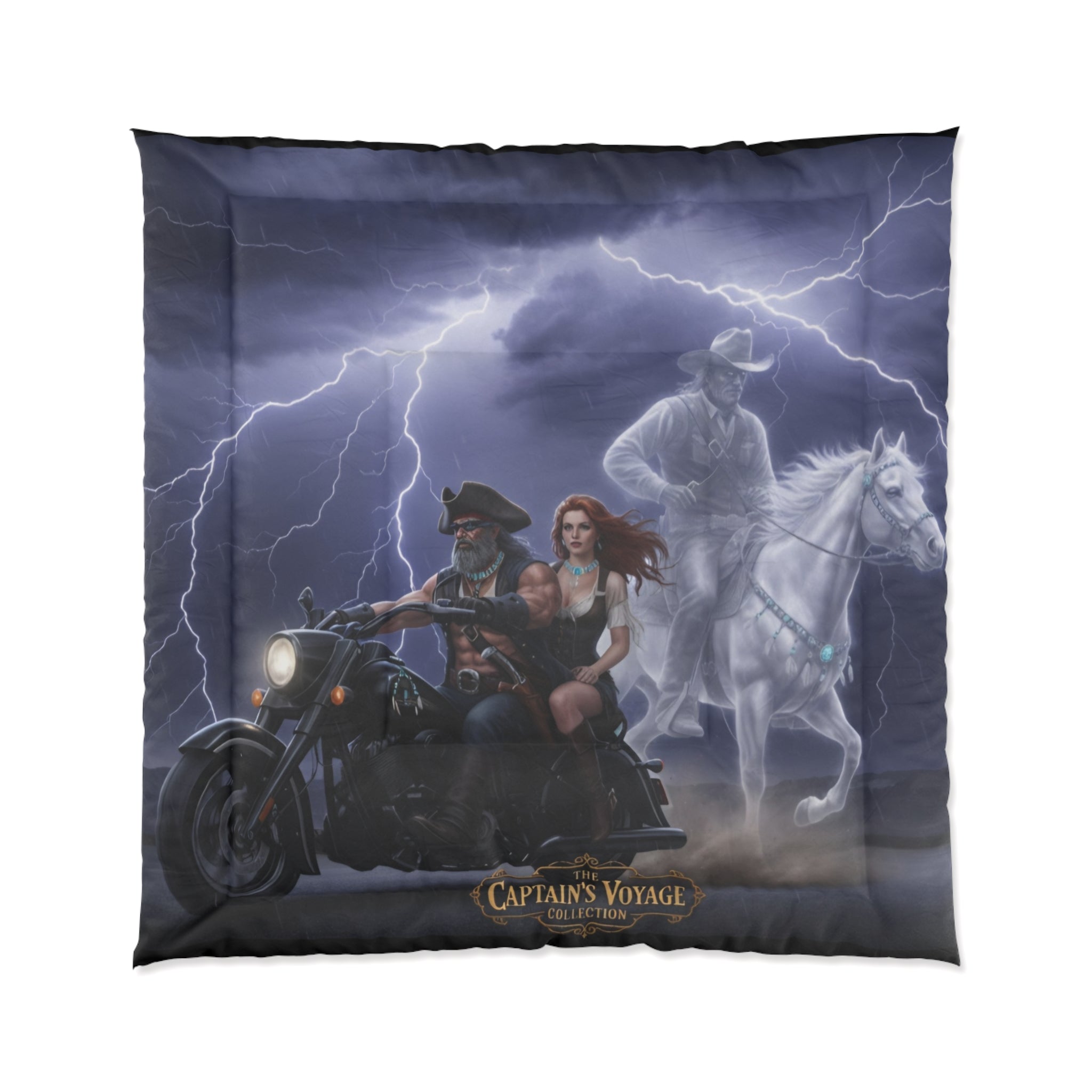 Captain's Voyage Motorcycle Rider Comforter with Ghostly Cowboy & Lightning Scene